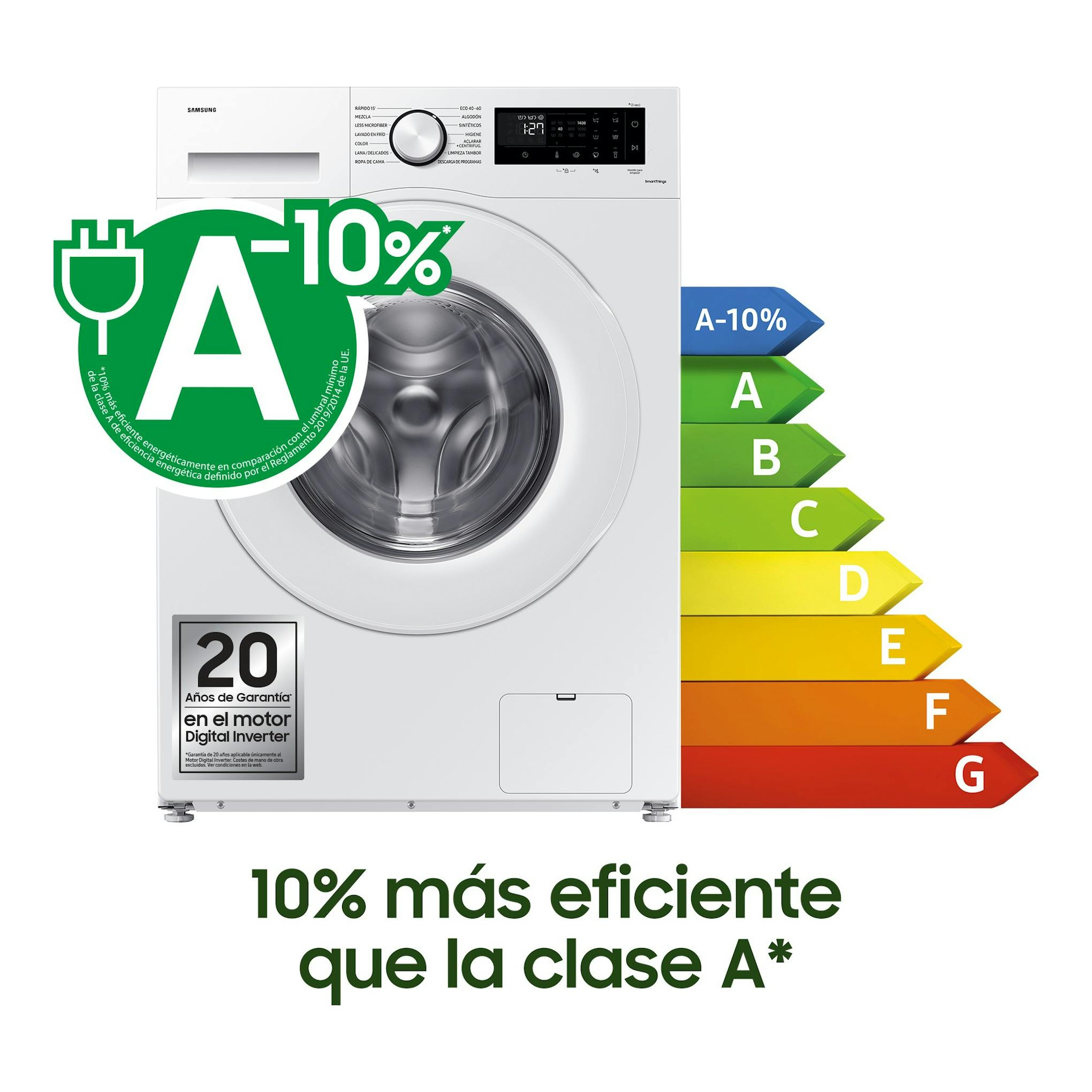 Lavadora Samsung WW90CGC04DTEEC blanca, vista frontal, con puerta circular y etiqueta energética A-10%.