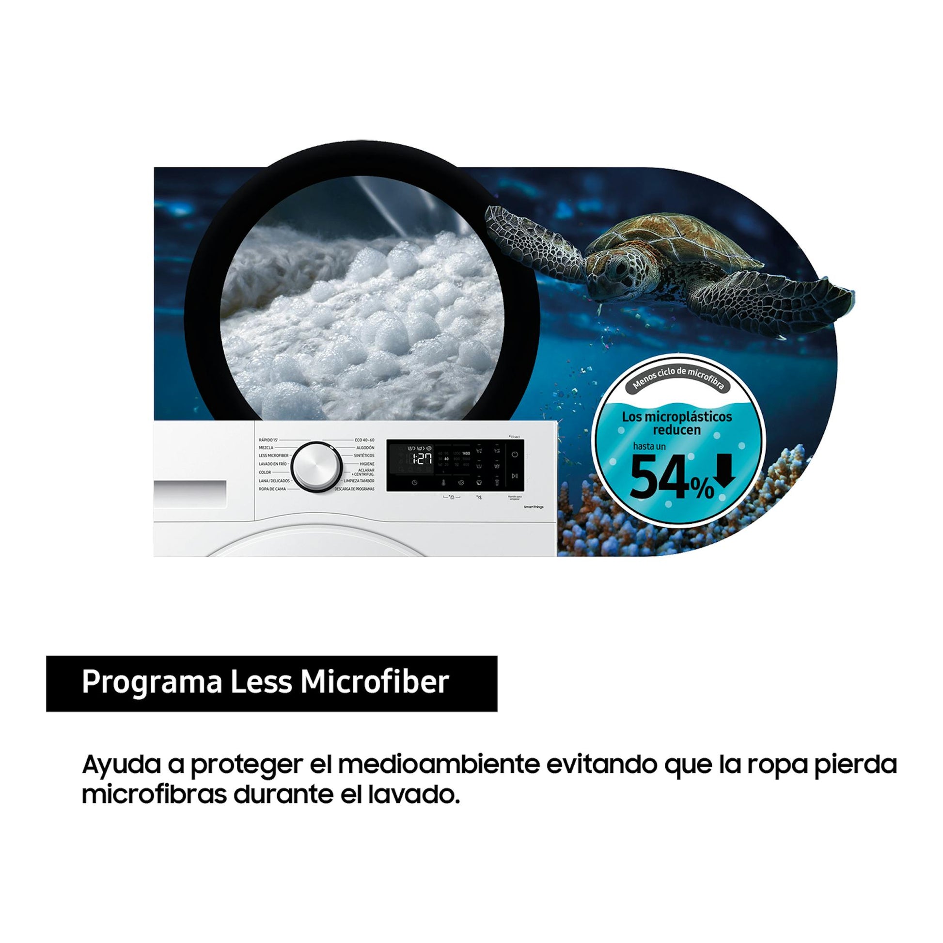 Lavadora Samsung blanca, vista frontal, con gráfico del programa Less Microfiber y sello de reducción del 54%.