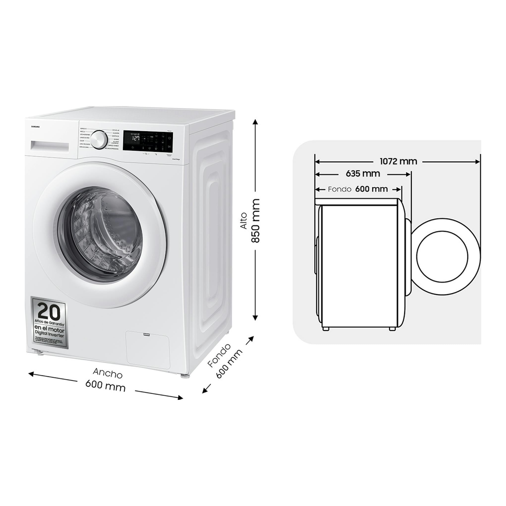 Lavadora Samsung WW90CGC04DTEEC blanca, vista frontal y lateral, con medidas de 600 x 850 mm.