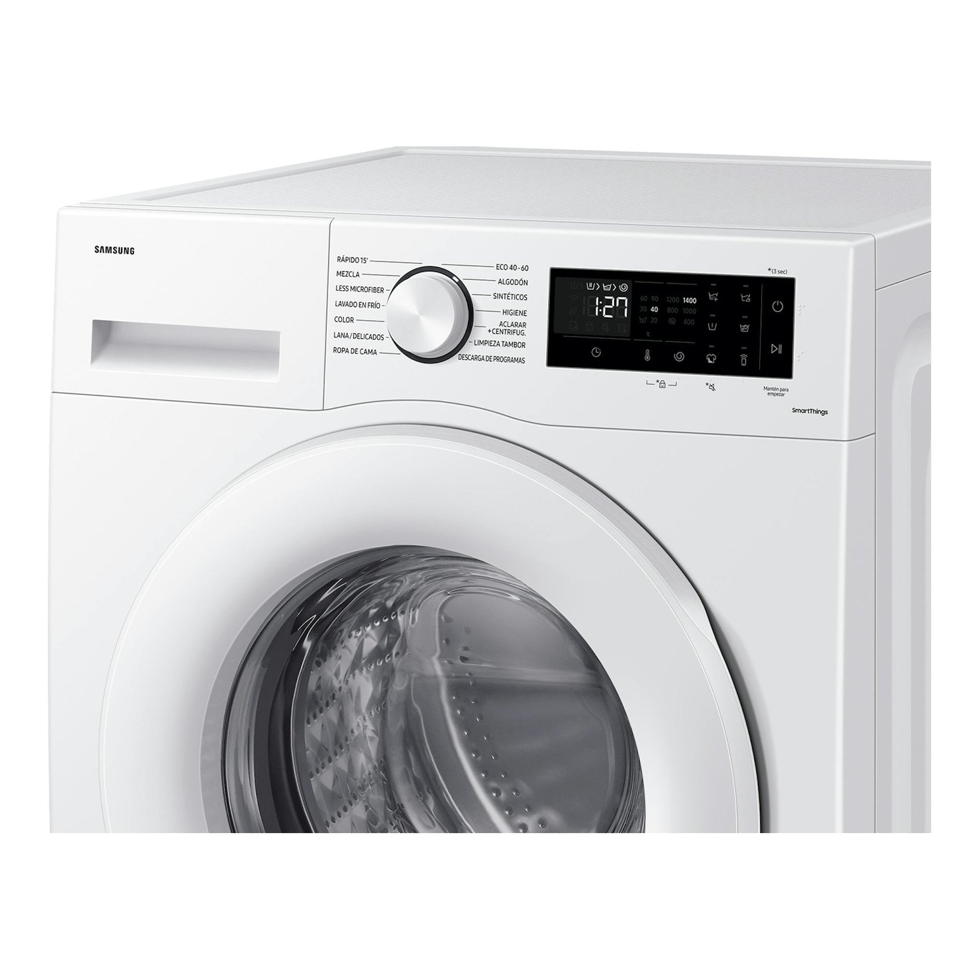 Samsung WW90CGC04DTEEC blanca, lavadora de carga frontal, vista frontal parcial, con panel digital y puerta circular.