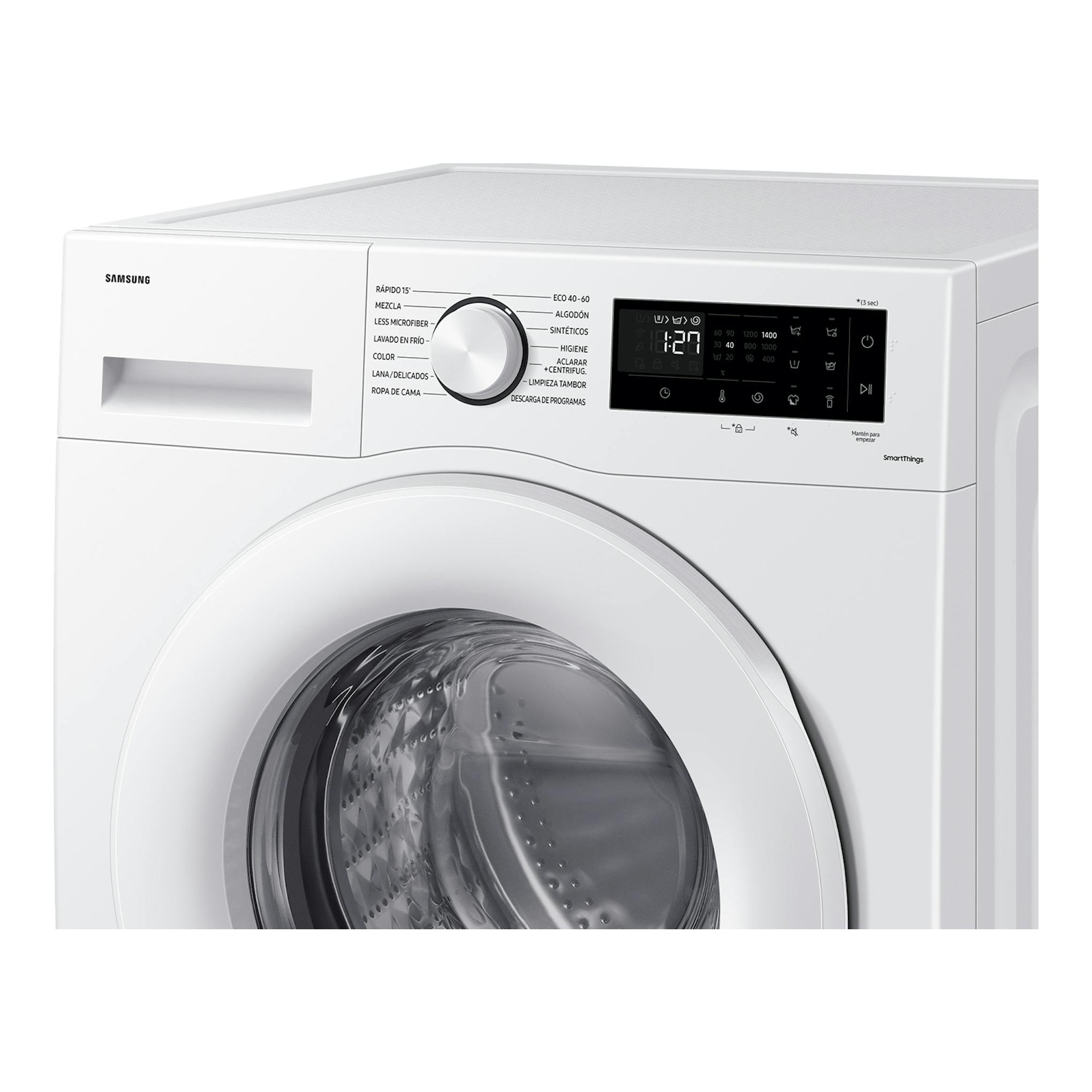 Samsung WW90CGC04DTEEC blanca, lavadora de carga frontal, vista frontal parcial, con panel digital y puerta circular.