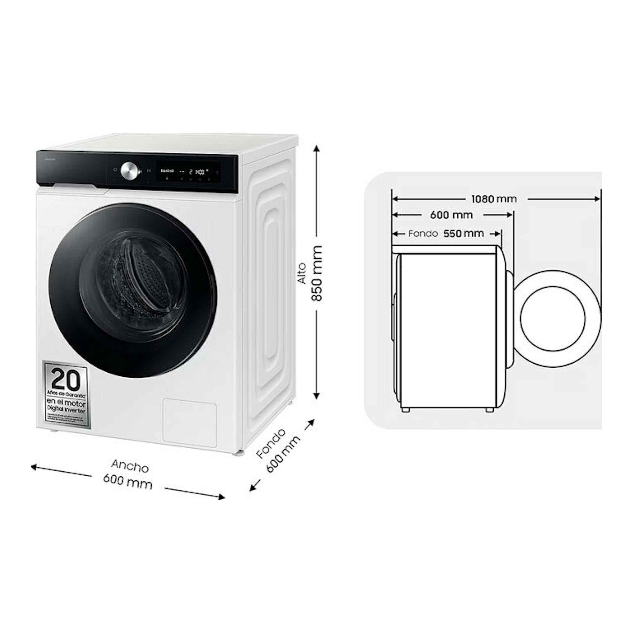 Lavadora Samsung WW90DB7U94GEU3 blanca, vista frontal y lateral, puerta negra, 600 x 850 x 600 mm.