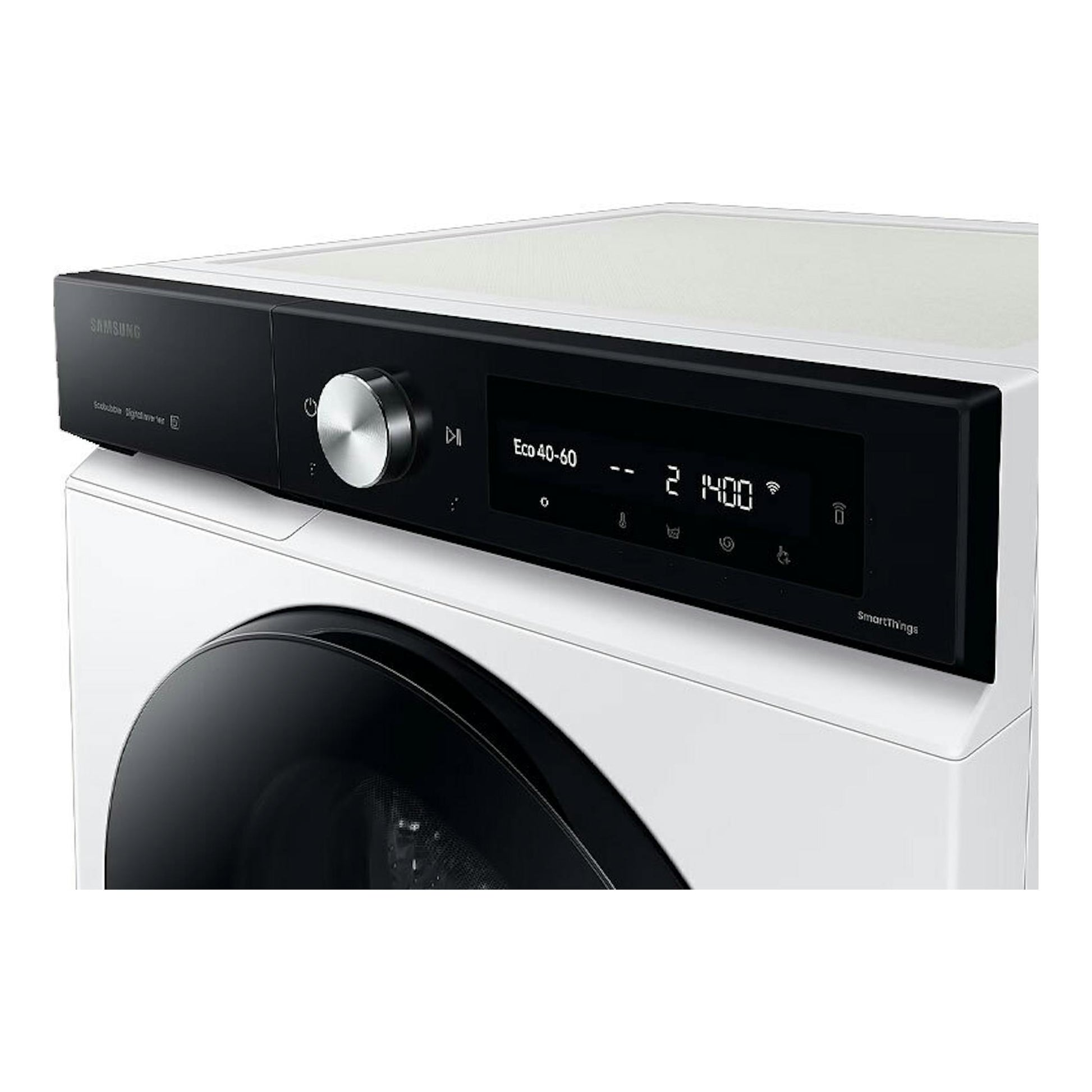 Lavadora Samsung WW90DB7U94GEU3 blanca, vista frontal en ángulo con panel negro y puerta circular.