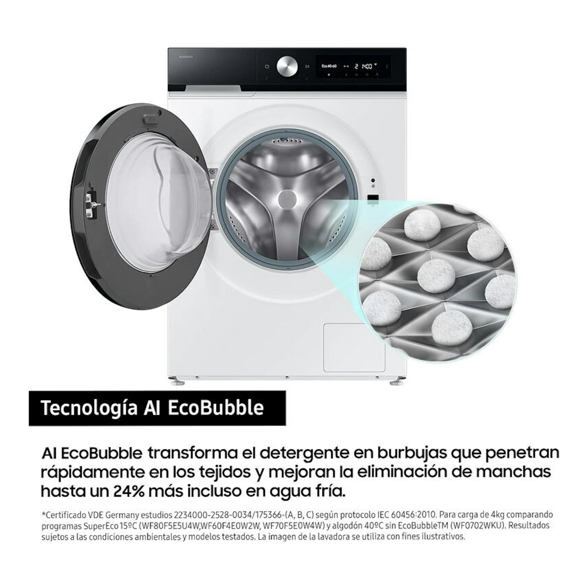 Lavadora Samsung WW90DB7U94GEU3 blanca, de carga frontal, con puerta abierta y panel negro, vista frontal.