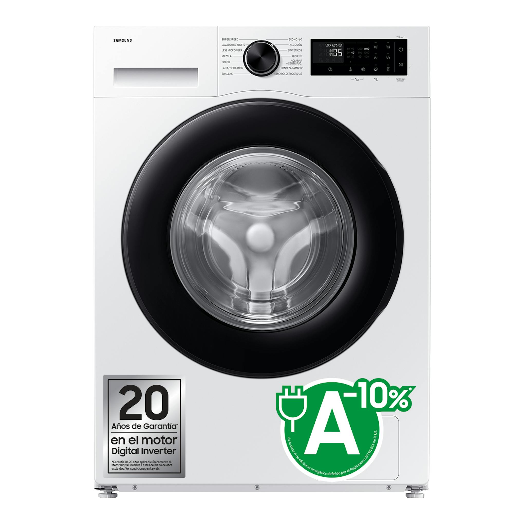 Lavadora Samsung WW90DG5G34AEEC blanca, vista frontal, con puerta negra y panel digital superior.