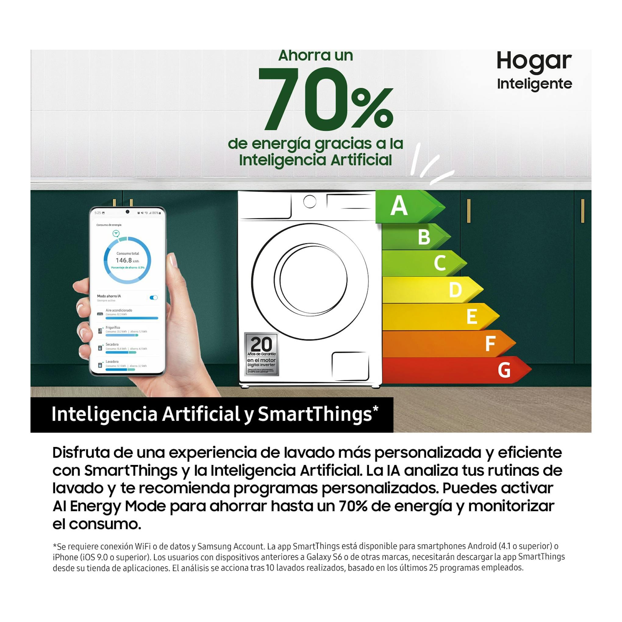 Samsung WW90DG5G34AEEC, lavadora blanca en vista frontal junto a escala energética A-G y móvil con SmartThings.