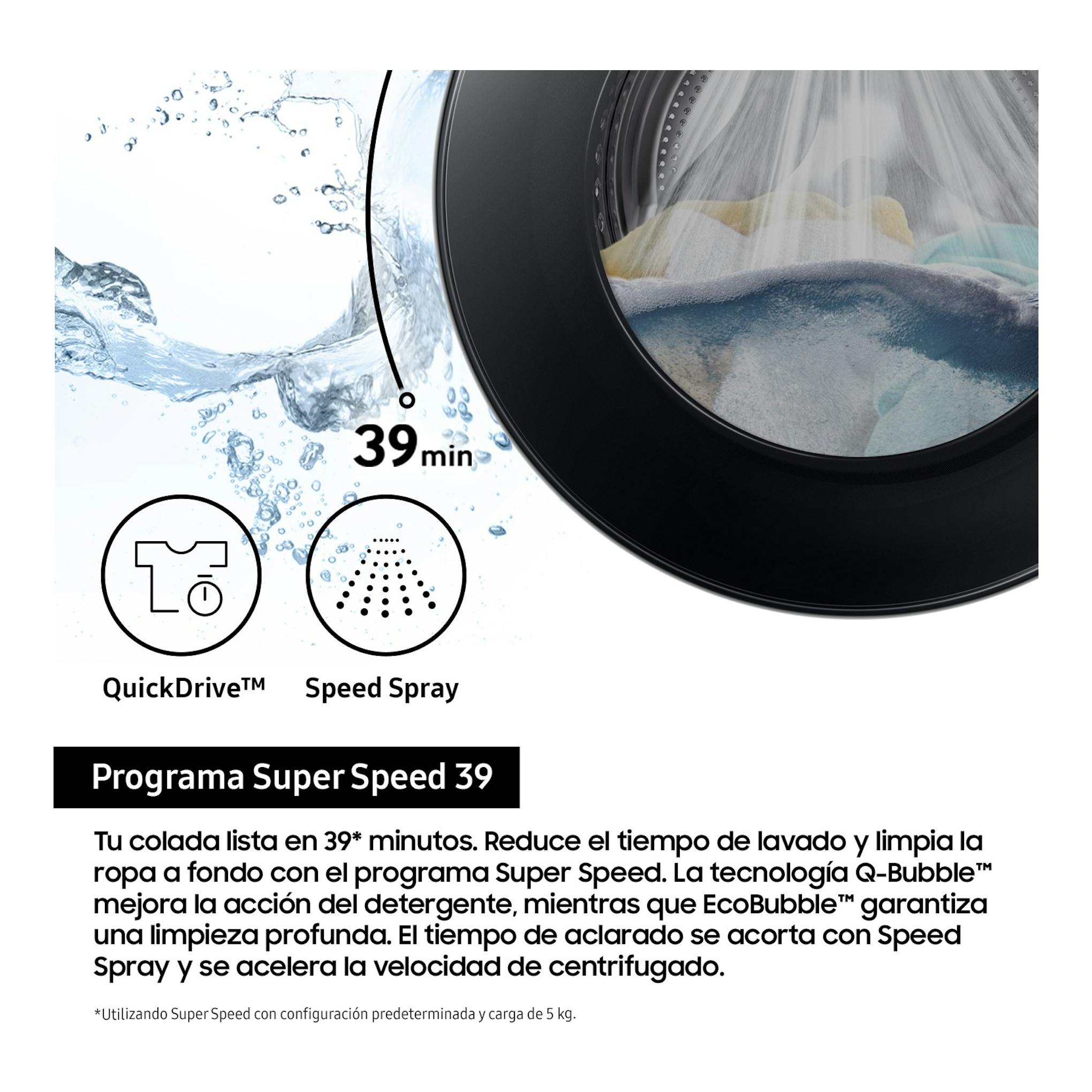 Samsung WW90DG5G34AEEC, lavadora frontal negra en primer plano con agua y textos “QuickDrive”, “Speed Spray” y “39 min”.