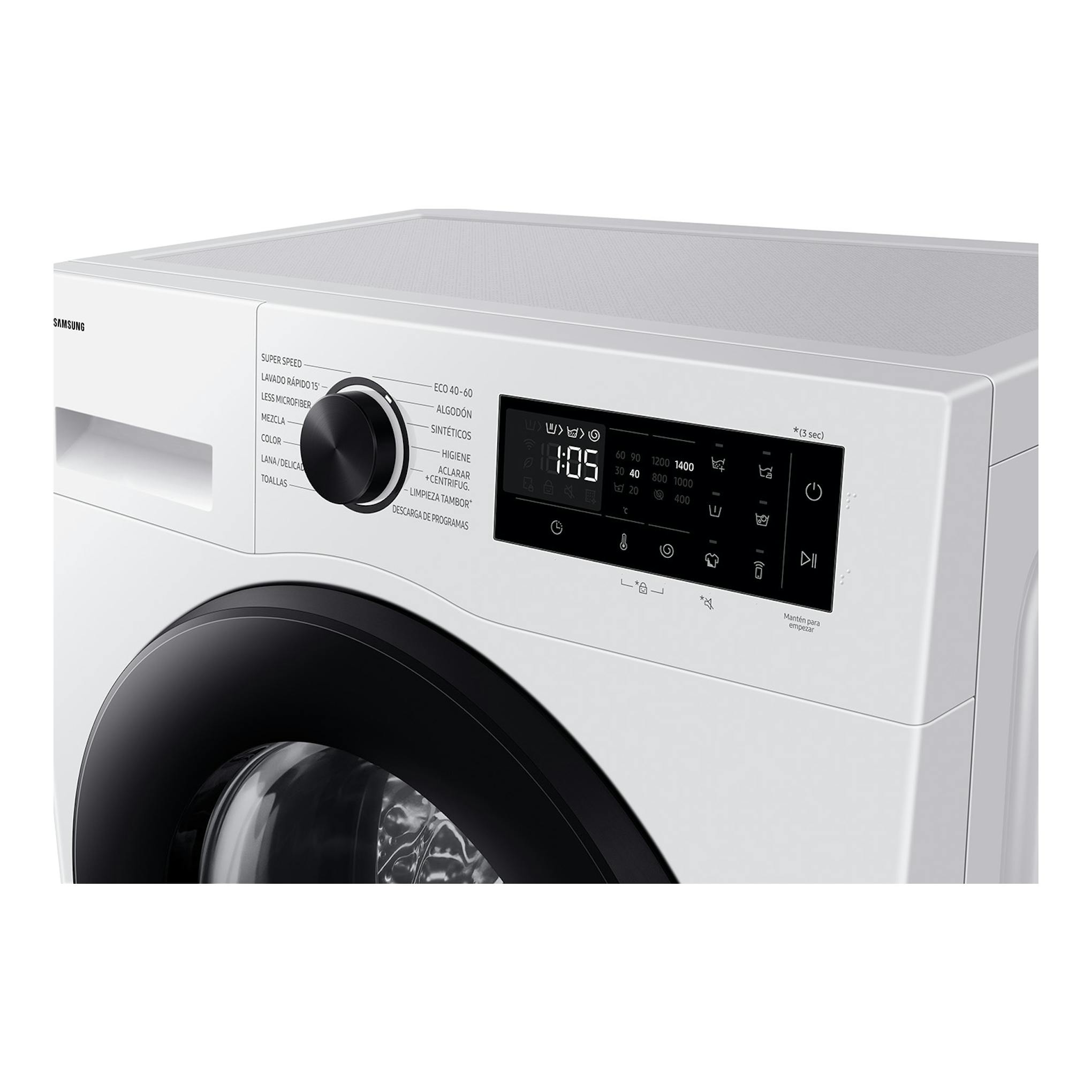 Lavadora Samsung WW90DG5G34AEEC blanca, vista frontal parcial, con puerta negra y panel digital.