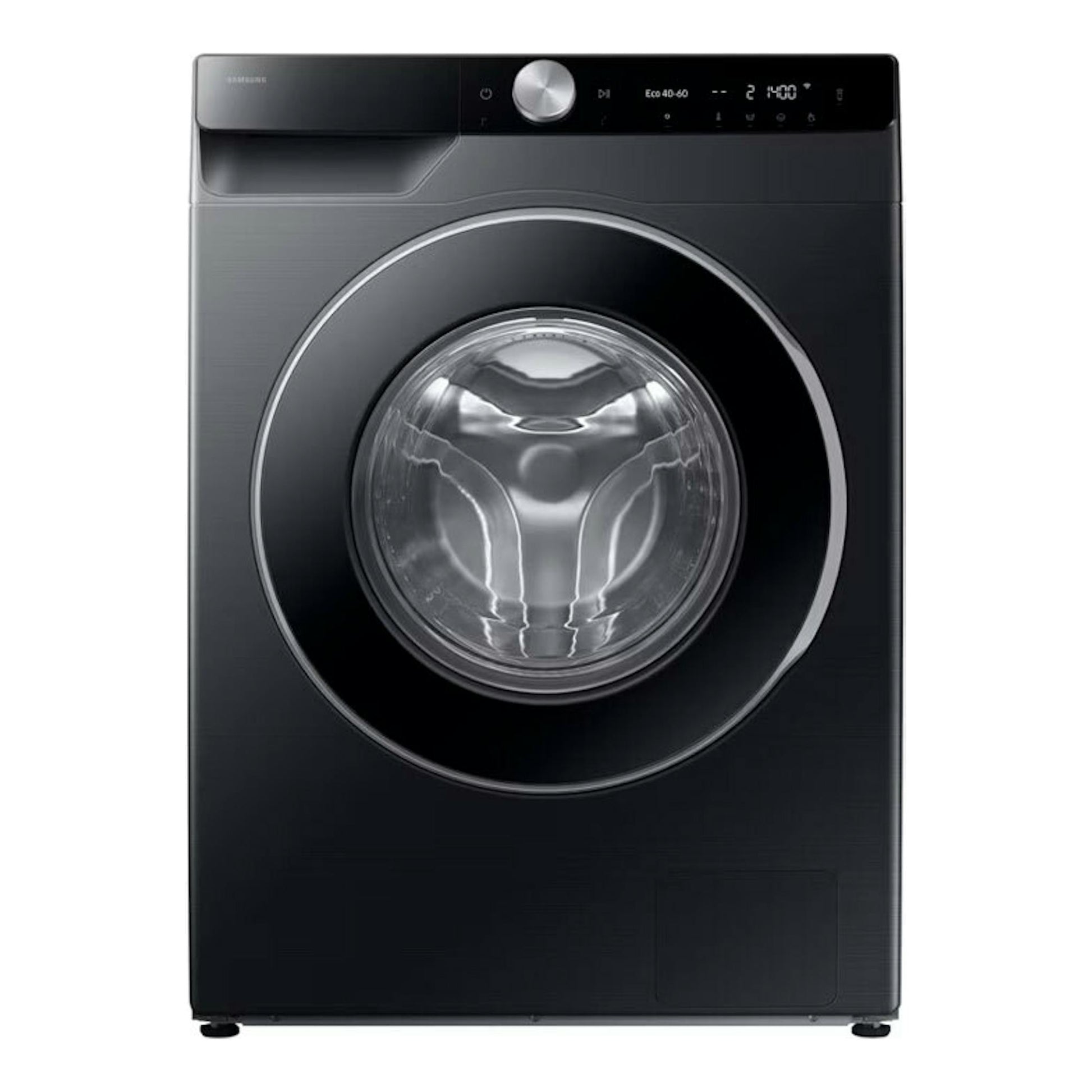 Lavadora Samsung WW90DG6U85LBU3 negra, vista frontal, con puerta circular y panel superior digital.