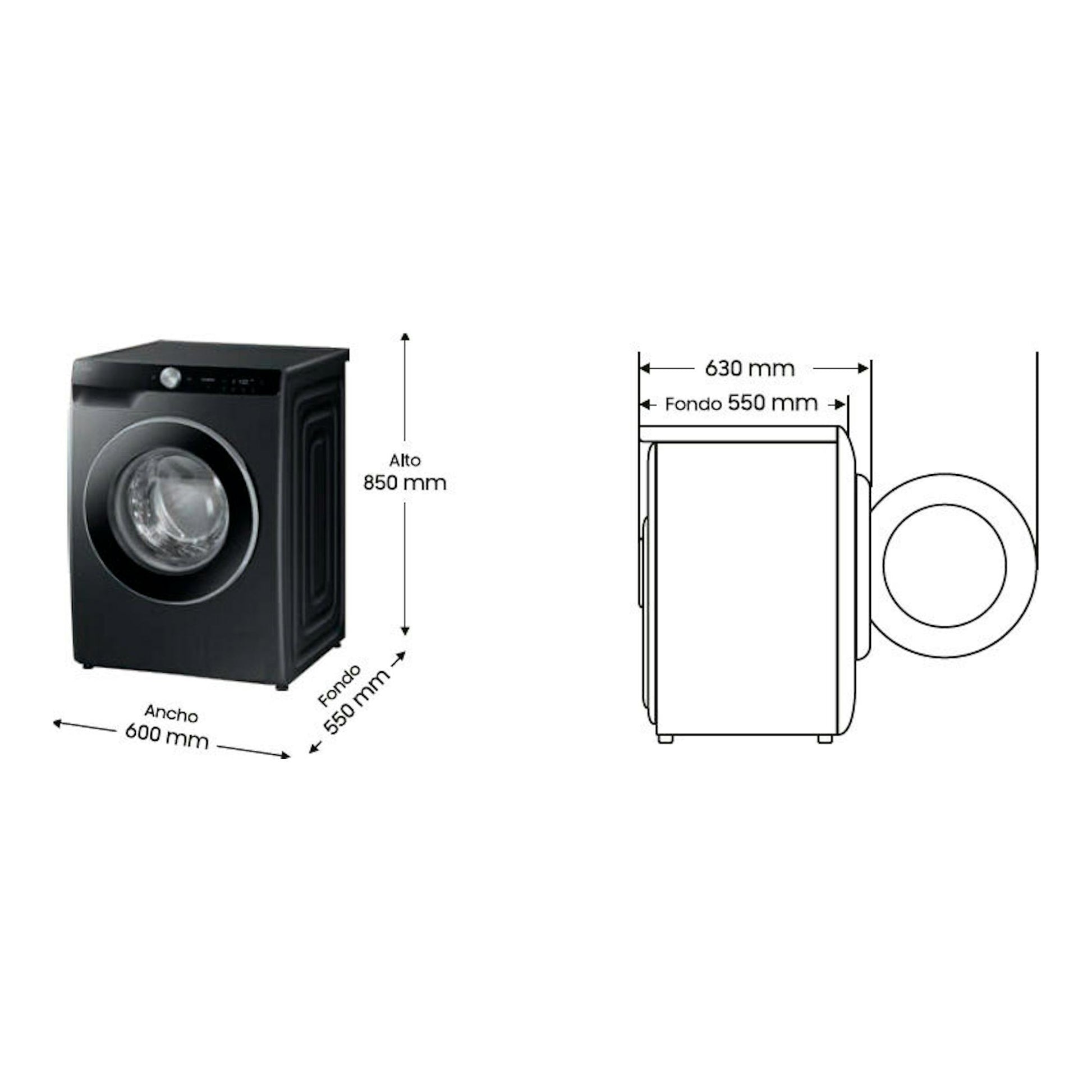 Lavadora Samsung WW90DG6U85LBU3 negra, vista frontal y lateral, con medidas 600 x 850 x 550 mm.