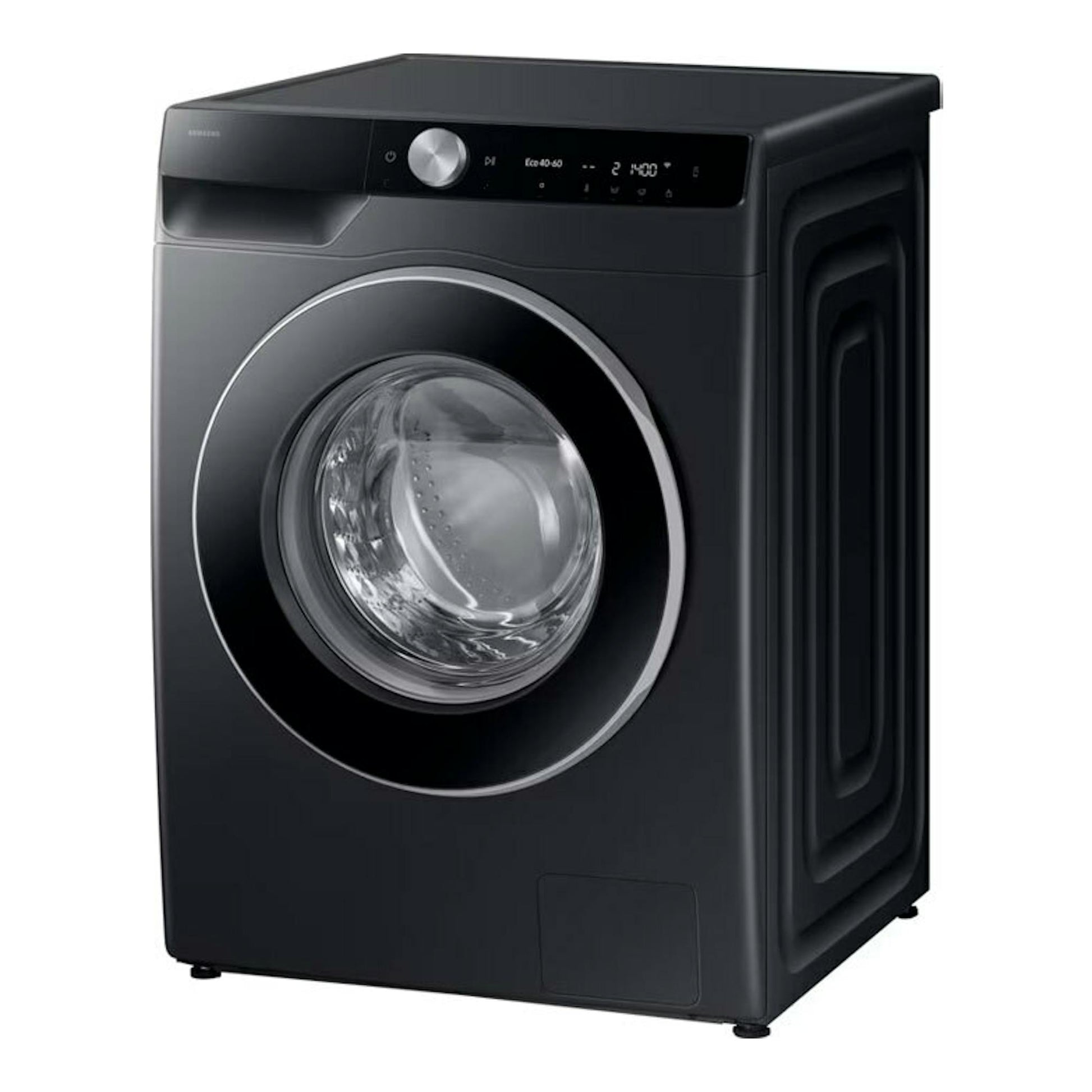 Lavadora frontal Samsung WW90DG6U85LBU3 negra, vista frontal en ángulo, con puerta circular y panel digital.