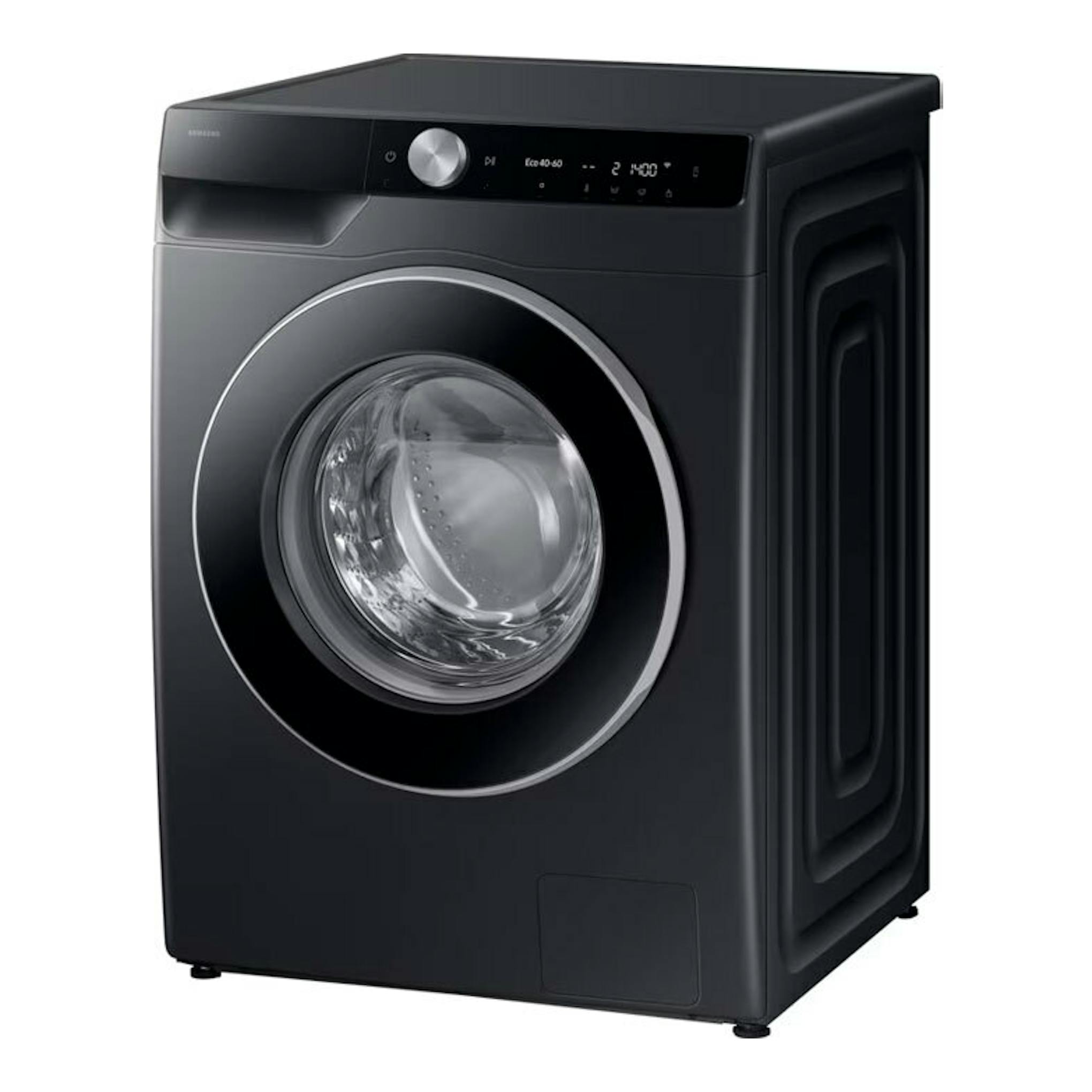 Lavadora frontal Samsung WW90DG6U85LBU3 negra, vista frontal en ángulo, con puerta circular y panel digital.
