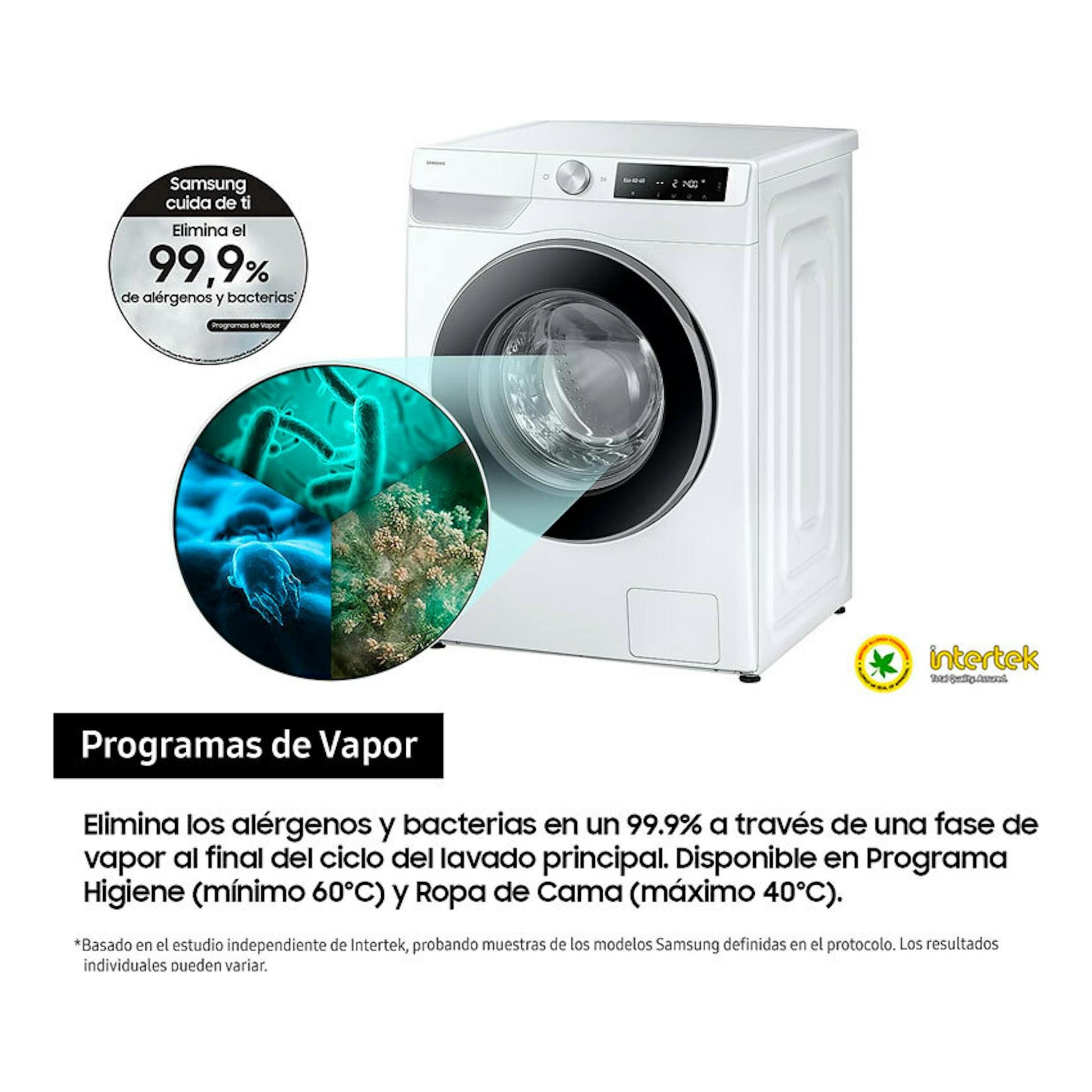 Lavadora frontal Samsung WW90DG6U85LEU3 blanca, vista 3/4, con puerta negra y panel digital.