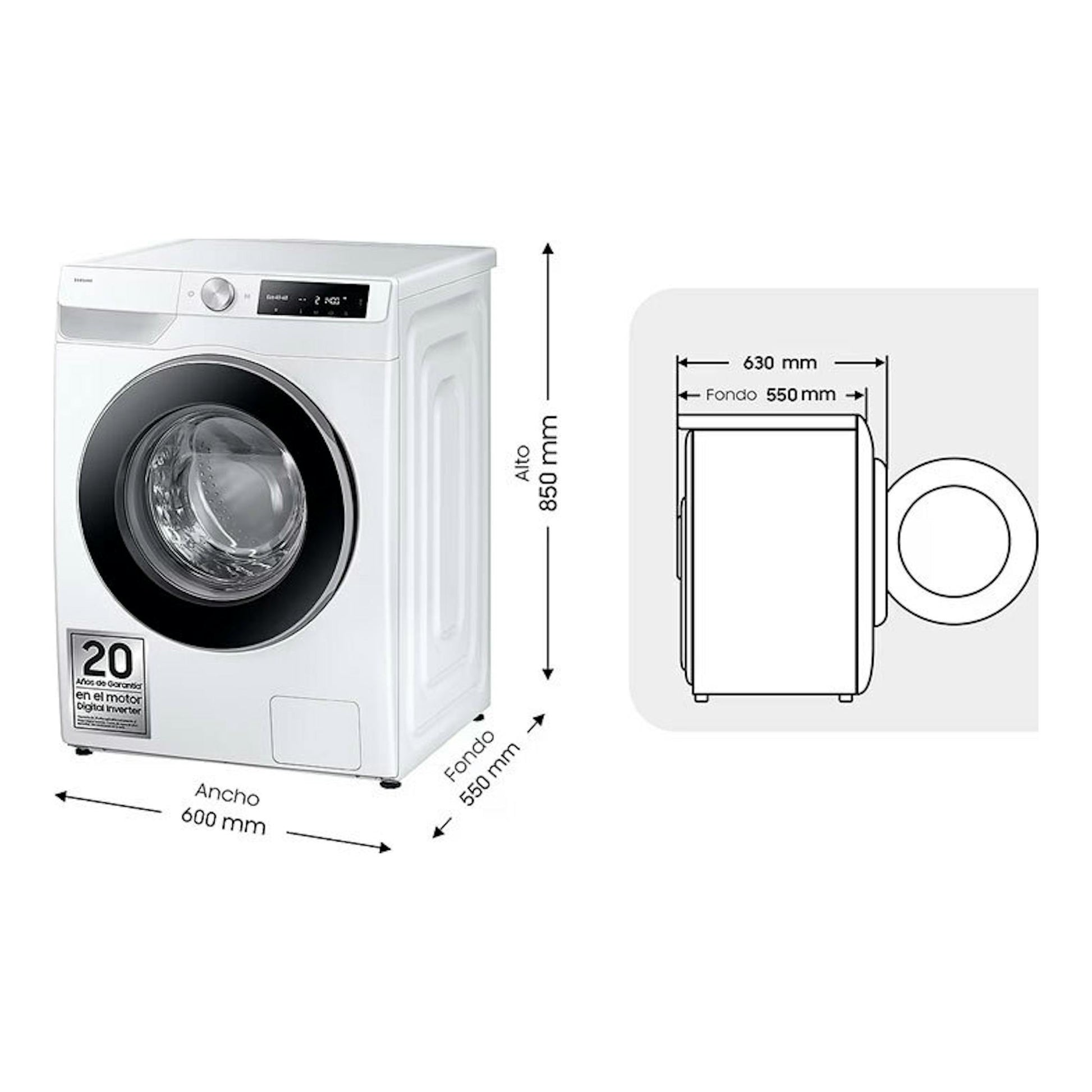 Lavadora frontal Samsung WW90DG6U85LEU3 blanca, vista frontal y lateral, con dimensiones 600 x 850 x 550 mm.