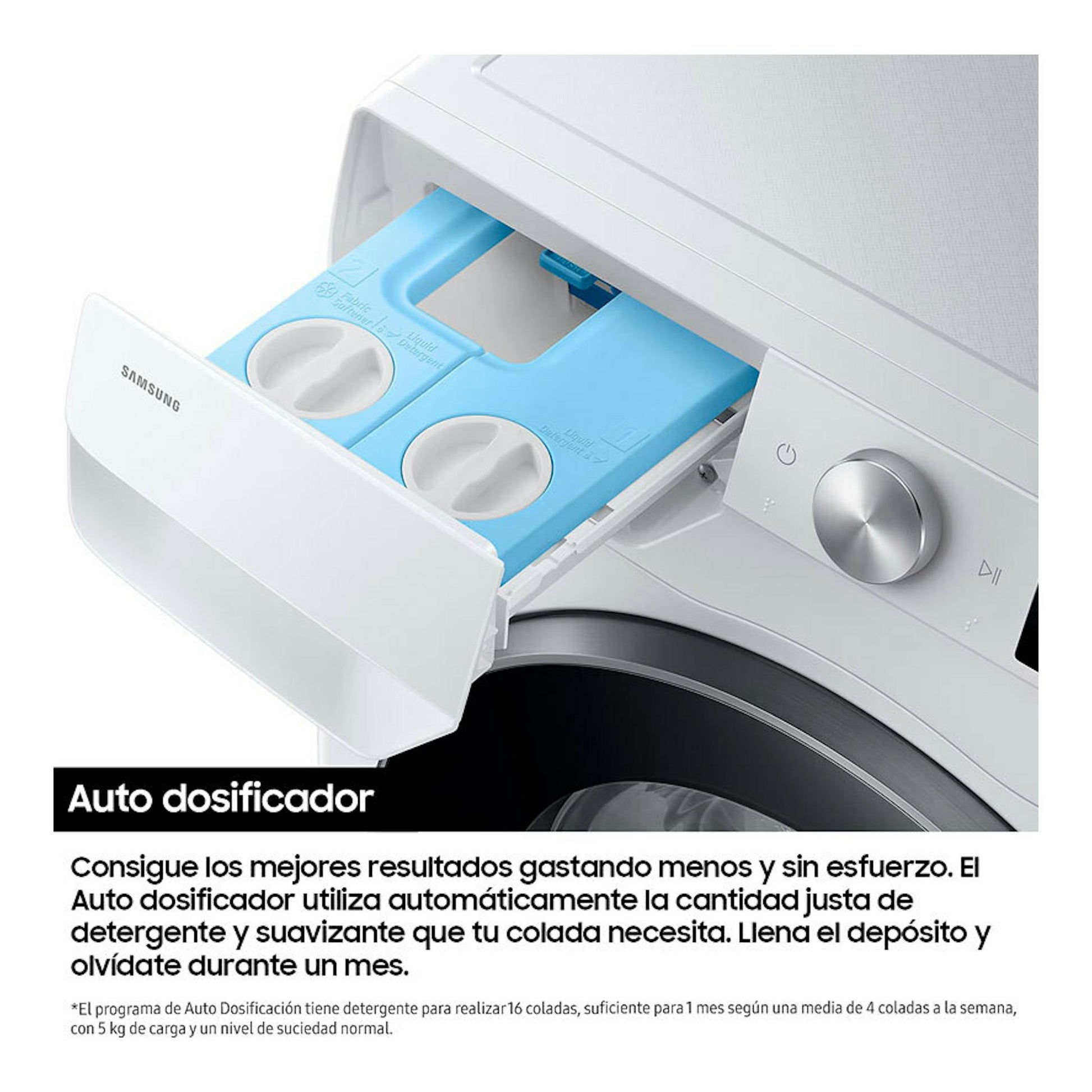 Lavadora Samsung WW90DG6U85LEU3 blanca, vista en ángulo con cajón auto dosificador abierto.
