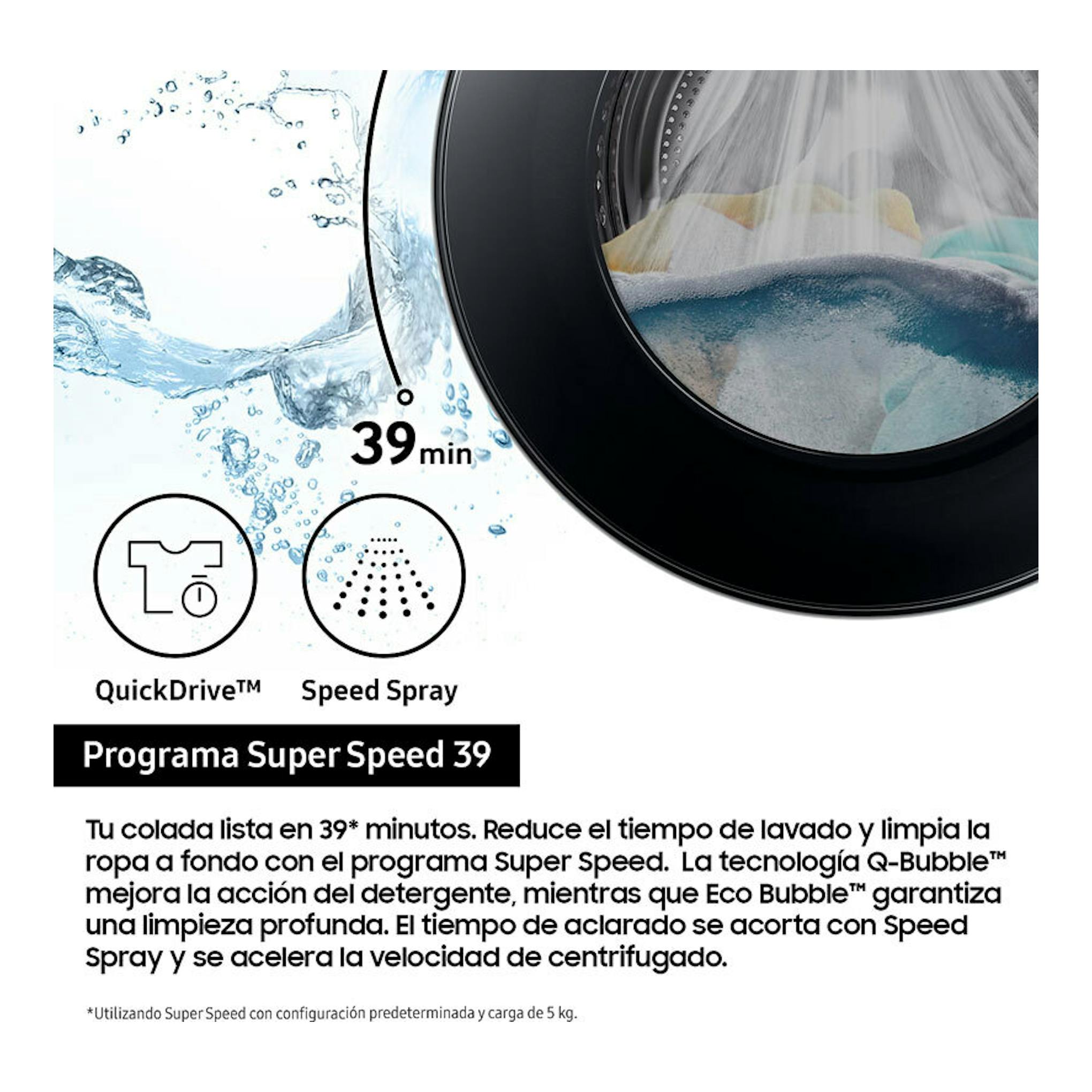Samsung WW90DG6U85LEU3, lavadora de carga frontal negra, vista parcial con texto «Super Speed 39».