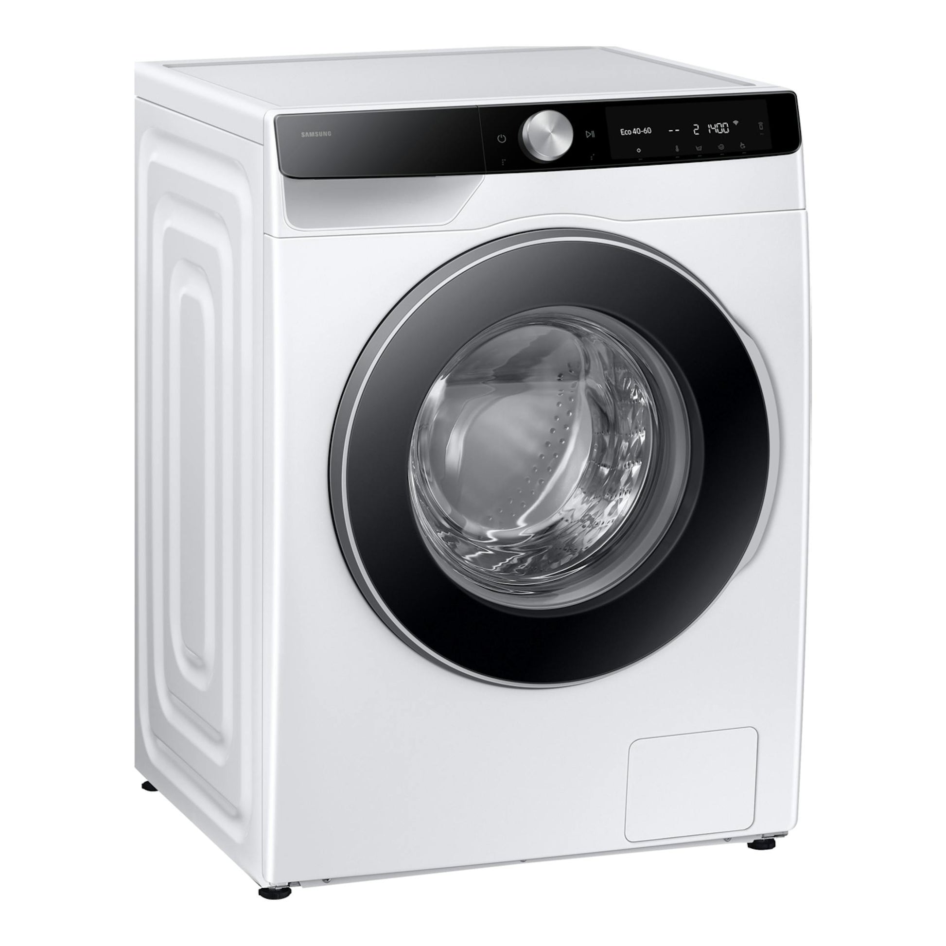 Lavadora frontal Samsung WW90DG6U85LKU3 blanca, con puerta negra y panel digital superior.