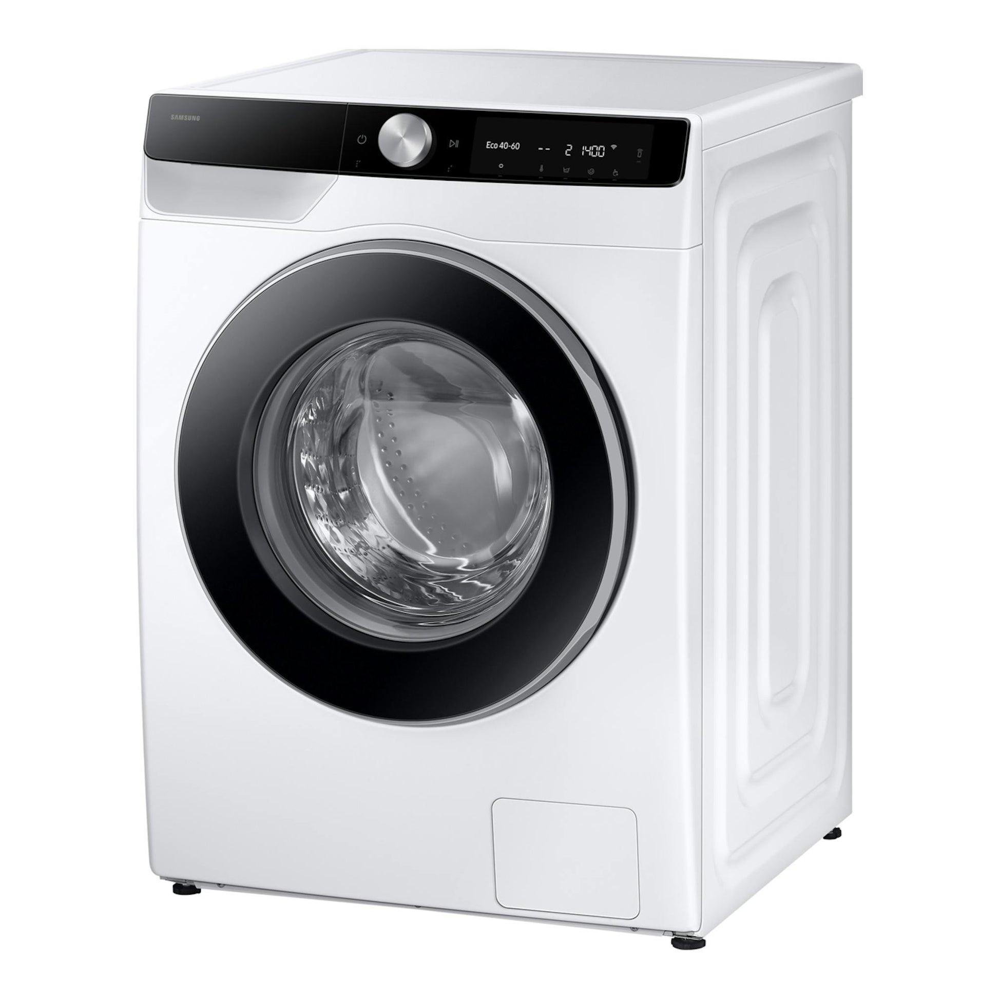 Lavadora Samsung WW90DG6U85LKU3 blanca, vista frontal en ángulo, con puerta negra y panel digital.