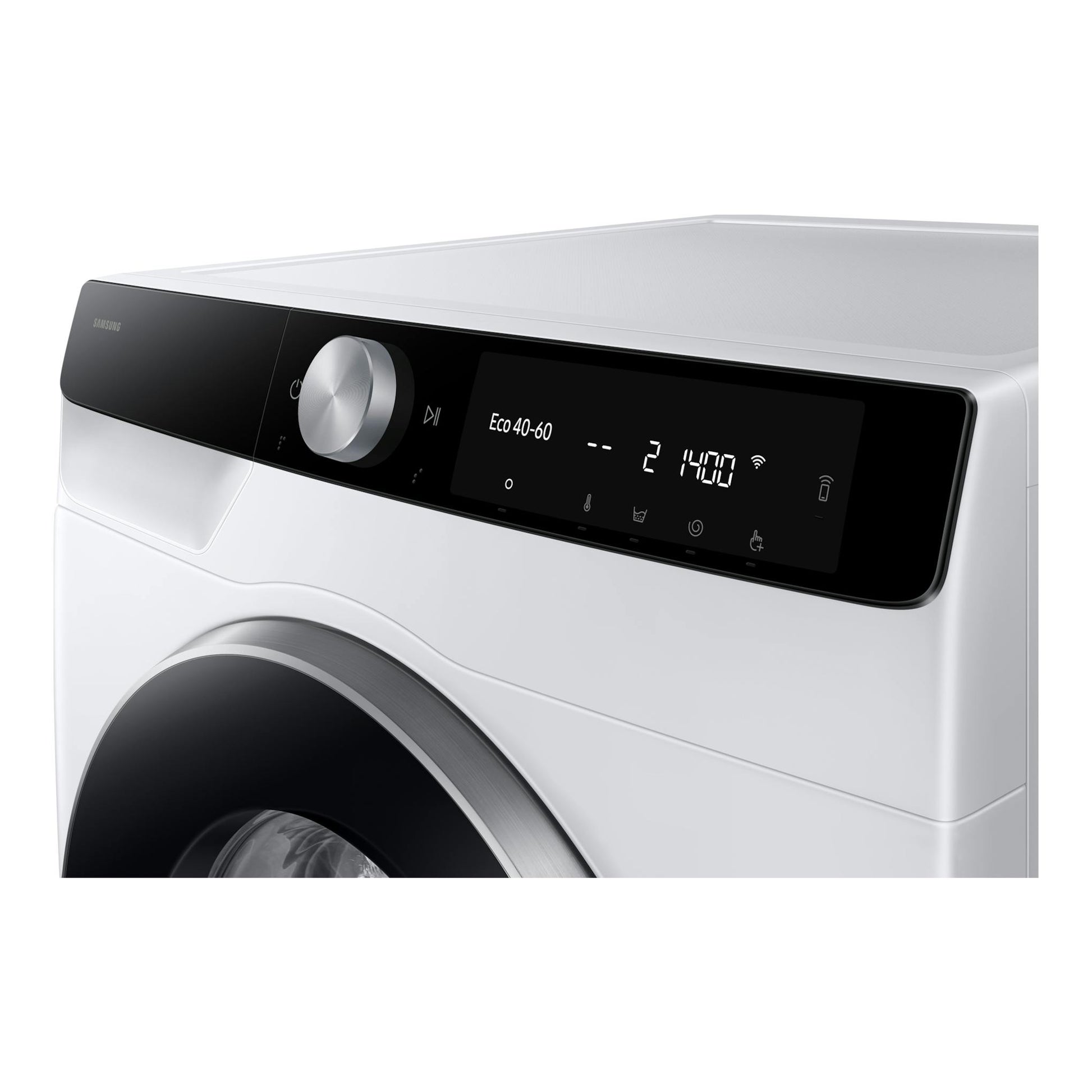 Lavadora Samsung WW90DG6U85LKU3 blanca, vista frontal parcial, con panel negro y mando central.