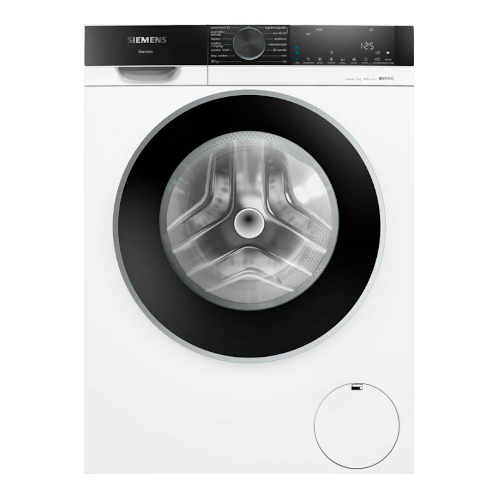 Lavadora frontal Siemens WG44G2F1ES blanca, vista frontal, con puerta circular negra y panel digital superior.