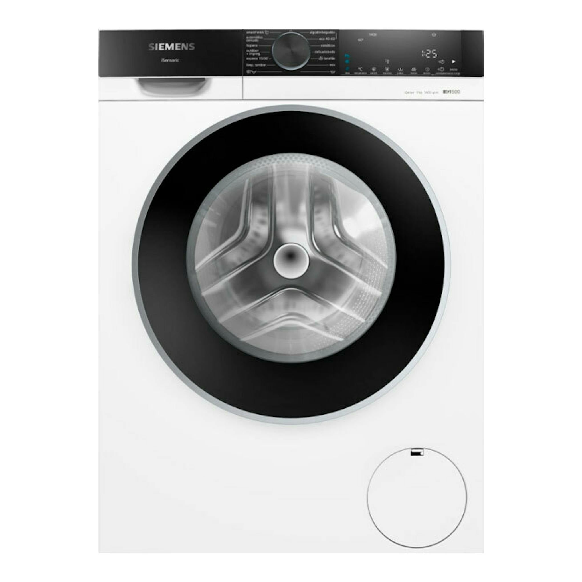 Lavadora frontal Siemens WG44G2F1ES blanca, vista frontal, con puerta circular negra y panel digital superior.