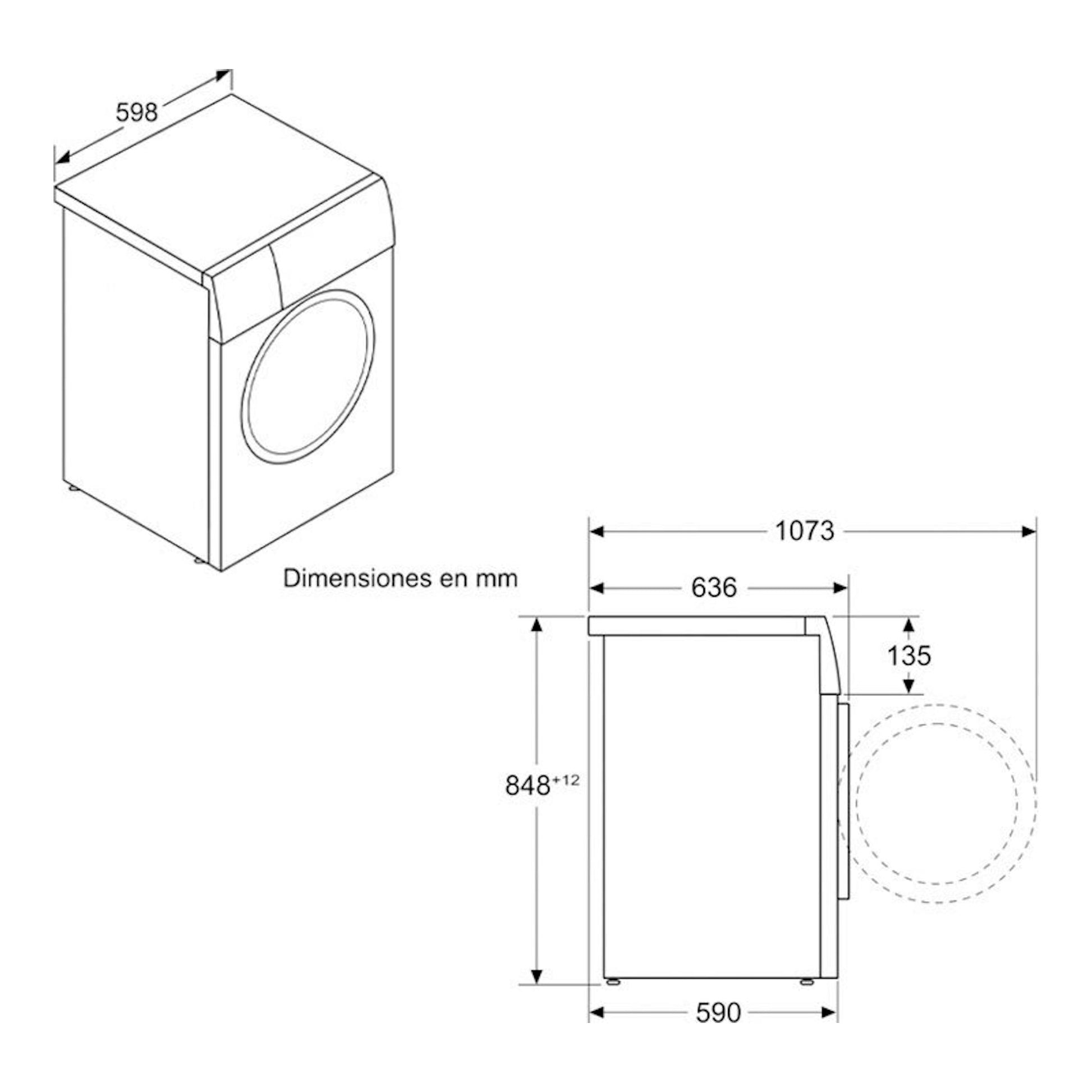 Esquema de lavadora Siemens WG44G2F1ES en vista isométrica y lateral, con dimensiones en mm.