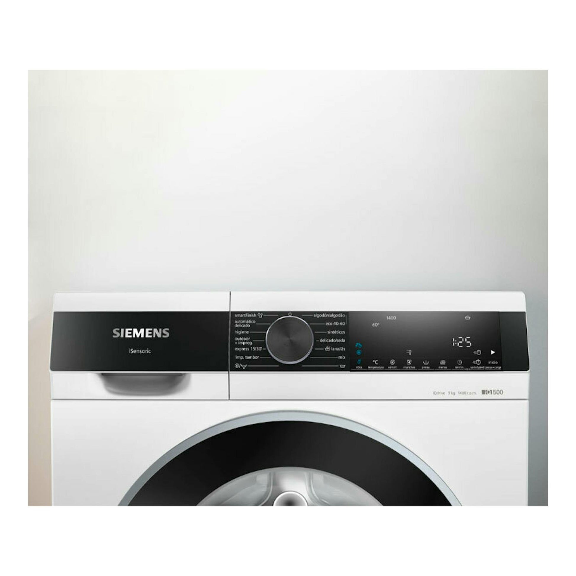 Lavadora frontal Siemens WG44G2F1ES blanca, vista frontal, con panel negro y puerta circular.