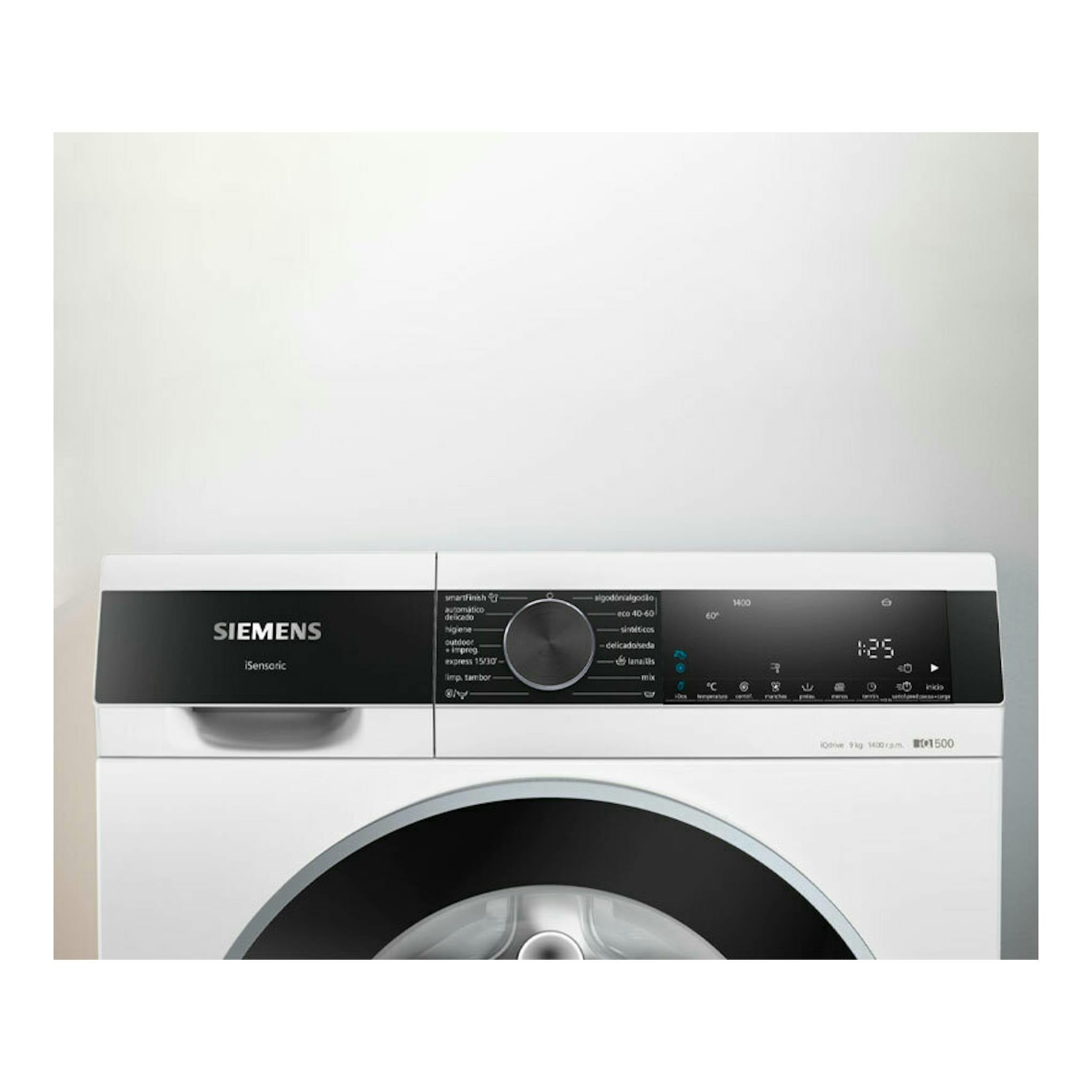Lavadora frontal Siemens WG44G2F1ES blanca, vista frontal, con panel negro y puerta circular.