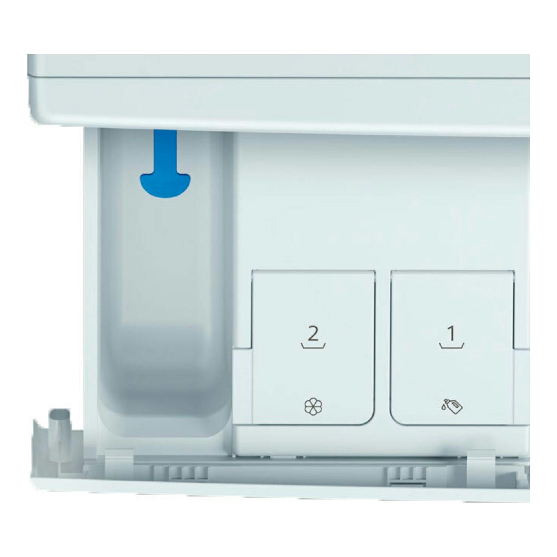 Detalle del cajetín de detergente de la lavadora Siemens WG44G2F1ES, vista frontal, blanco y gris.