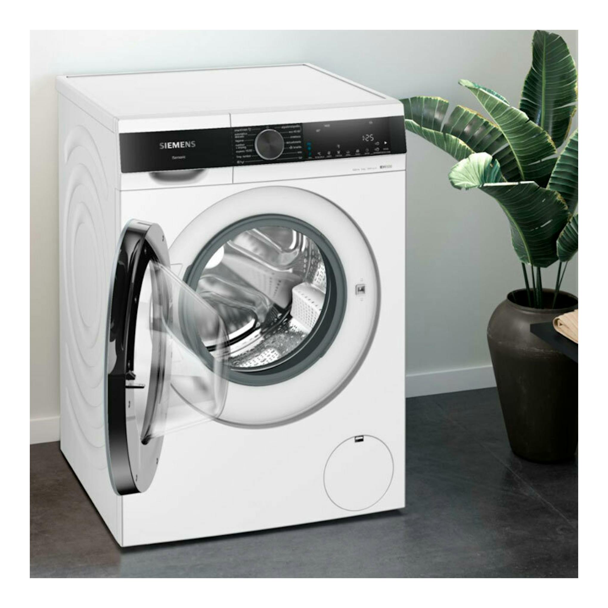 Lavadora Siemens WG44G2F1ES blanca, de carga frontal, vista frontal con la puerta abierta.