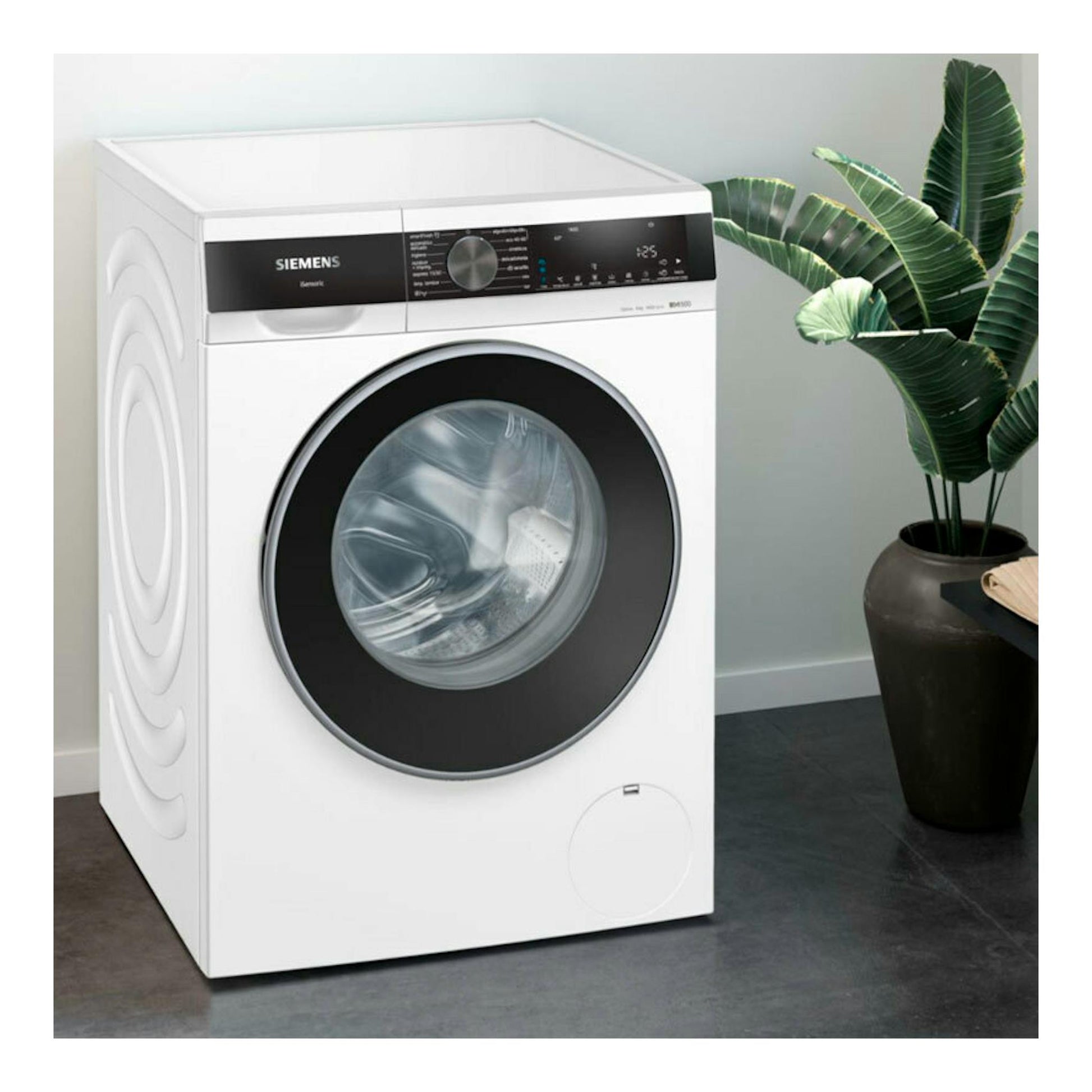 Lavadora Siemens WG44G2F1ES de 9 kg, blanca, vista frontal, con puerta negra y panel superior.