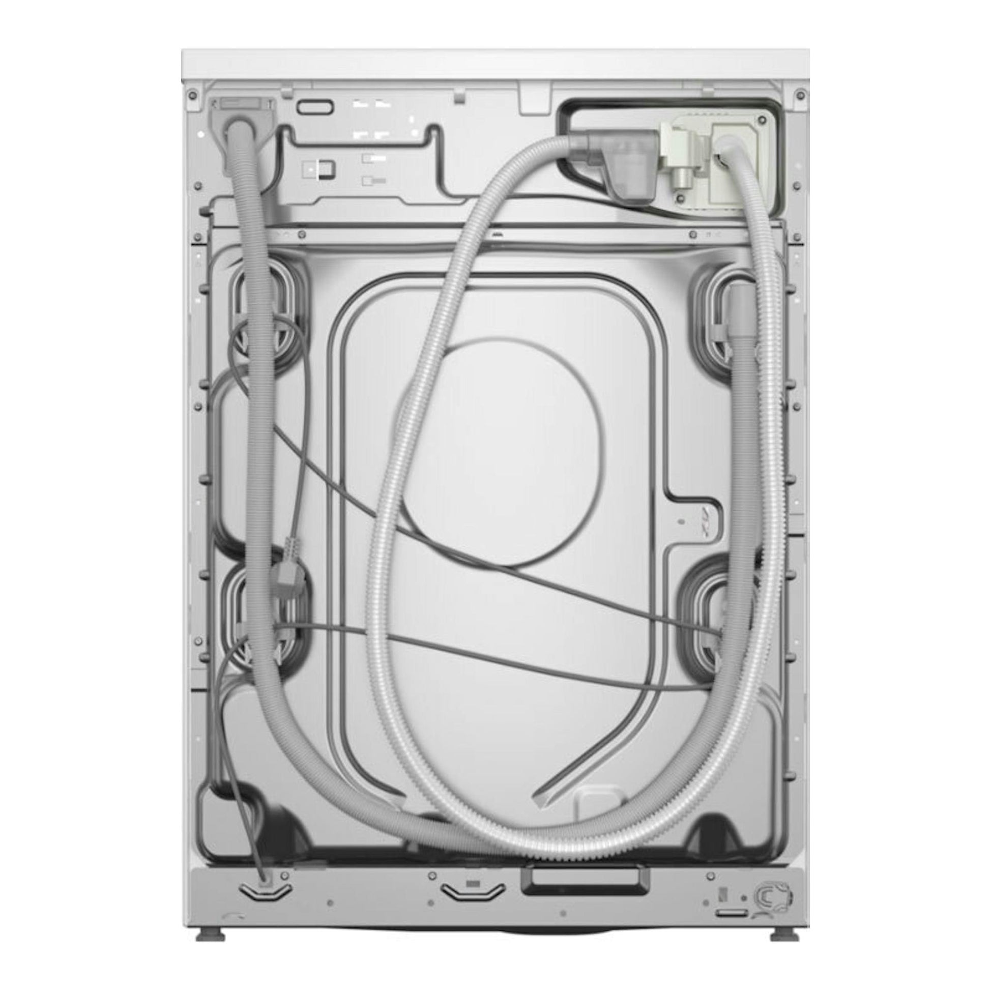 Lavadora Siemens WG44G2F1ES blanca, vista trasera, con mangueras y cableados visibles.