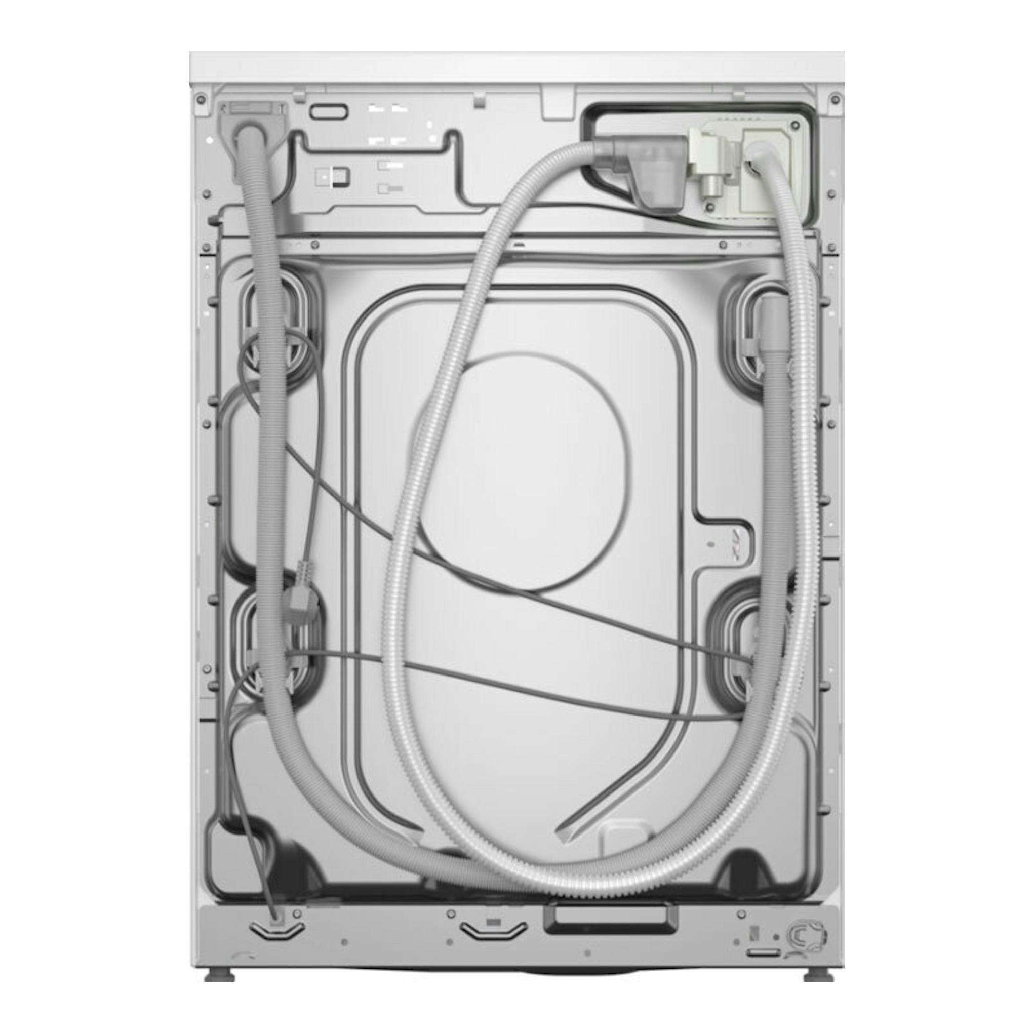 Lavadora Siemens WG44G2F1ES blanca, vista trasera, con mangueras y cableados visibles.