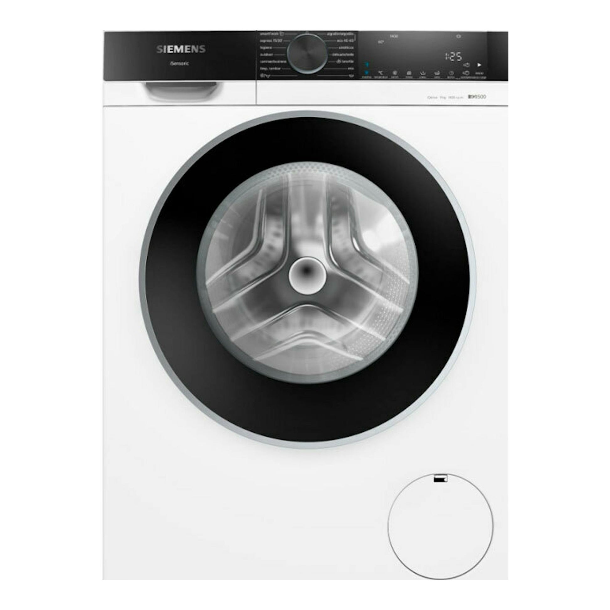 Lavadora Siemens WG44G2ZAES blanca, vista frontal, con puerta negra circular y panel digital superior.