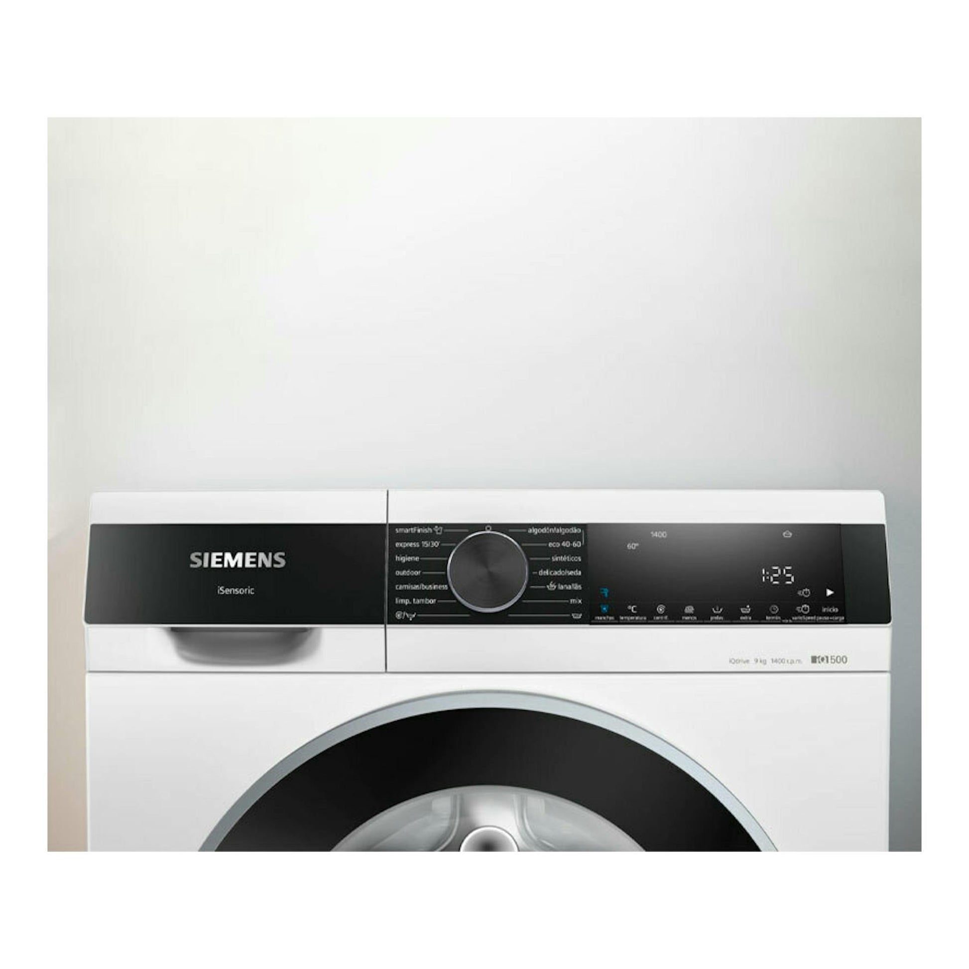 Lavadora Siemens WG44G2ZAES blanca, vista frontal, con puerta circular y panel de control negro.
