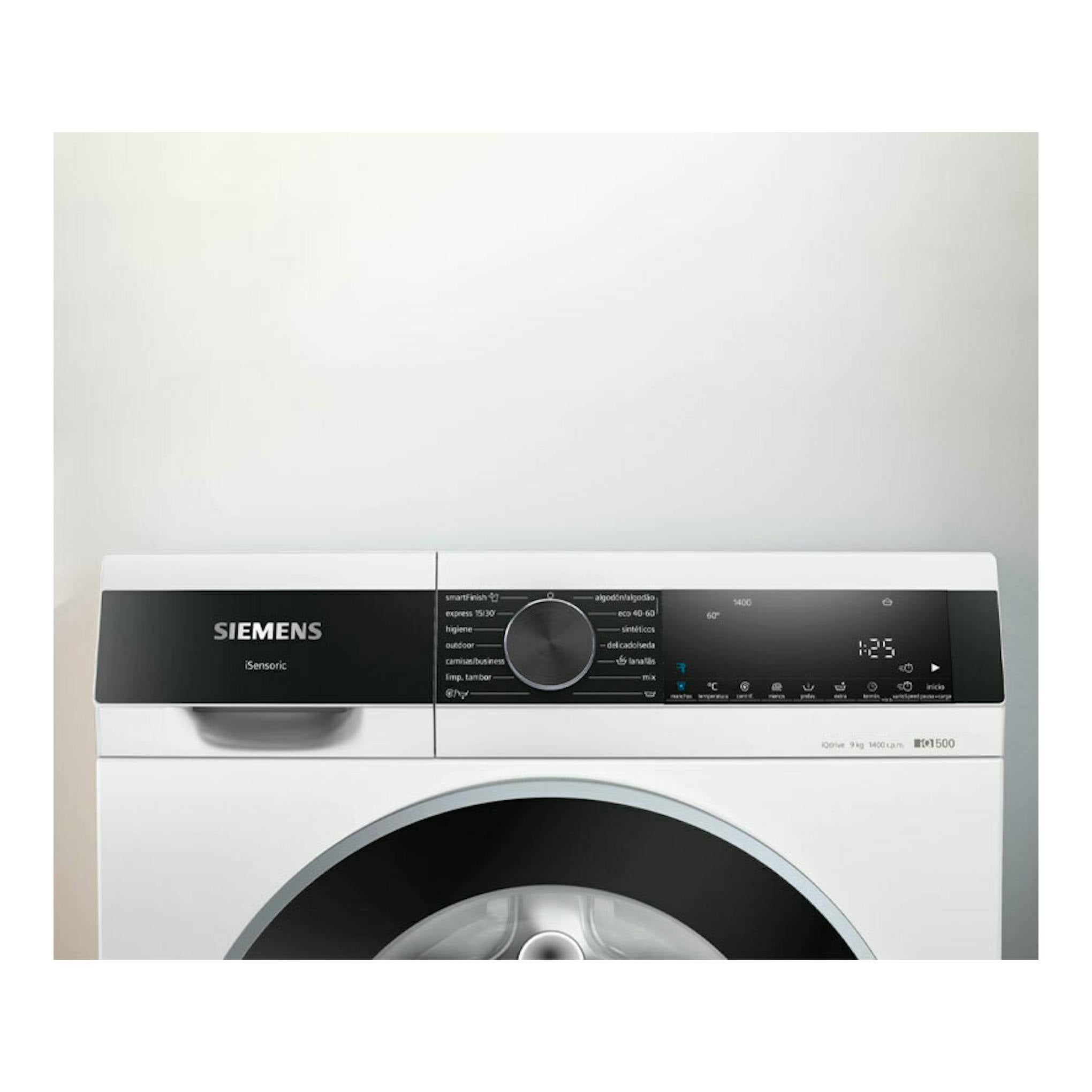 Lavadora Siemens WG44G2ZAES blanca, vista frontal, con puerta circular y panel de control negro.
