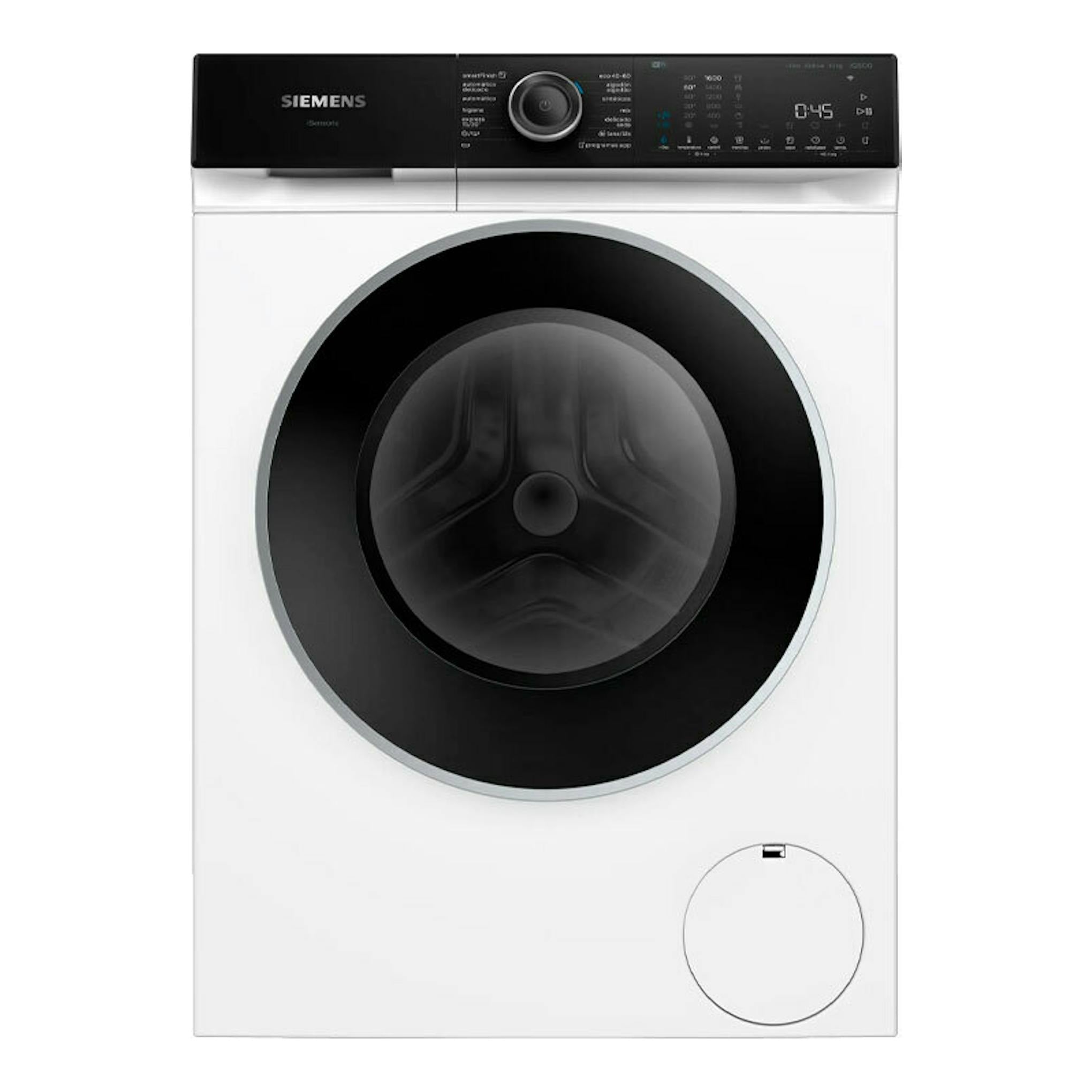Lavadora frontal Siemens WG44H2A0ES blanca, vista frontal, con panel superior negro y puerta circular negra.