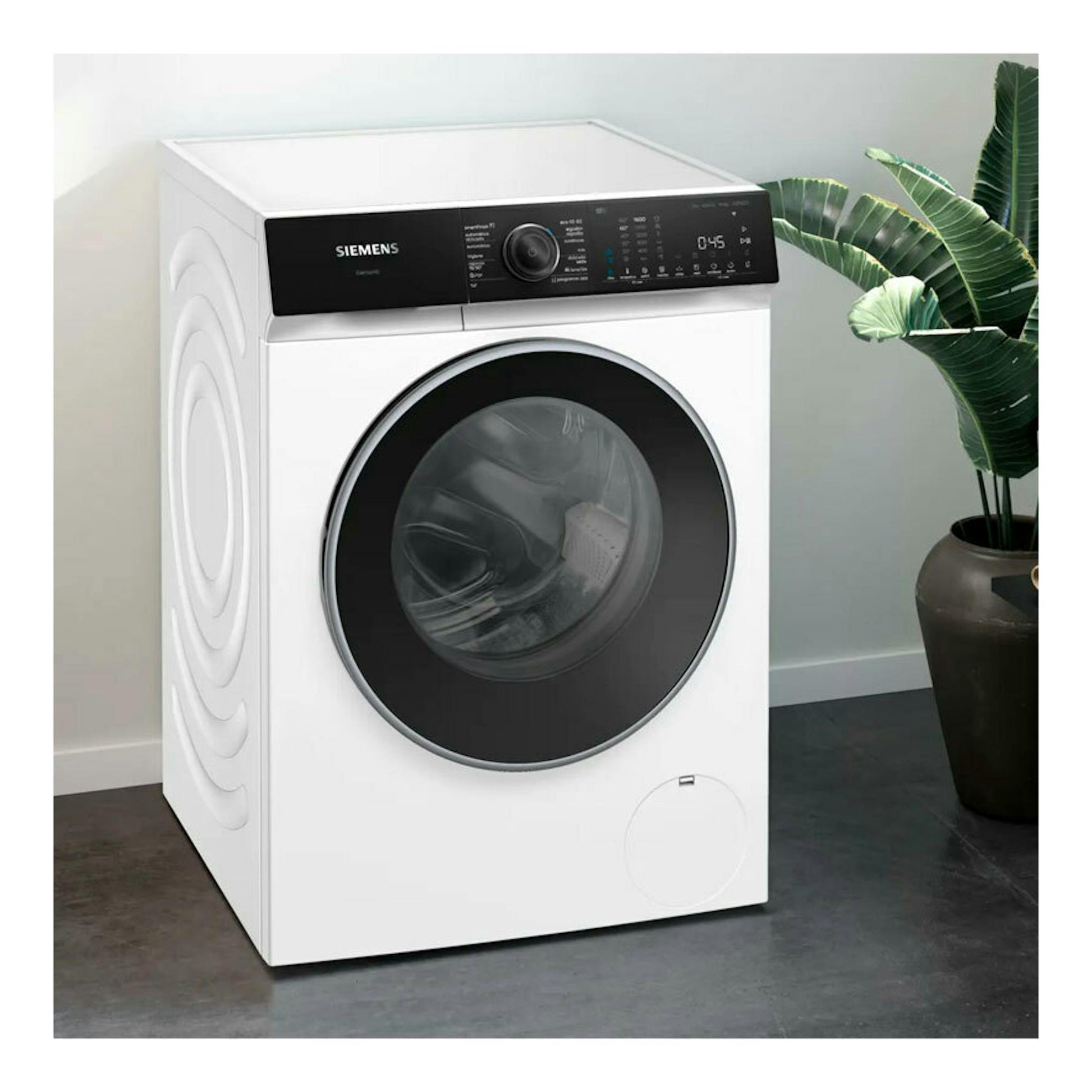 Lavadora Siemens WG44H2A0ES blanca, vista frontal, con puerta circular negra y panel de control superior.