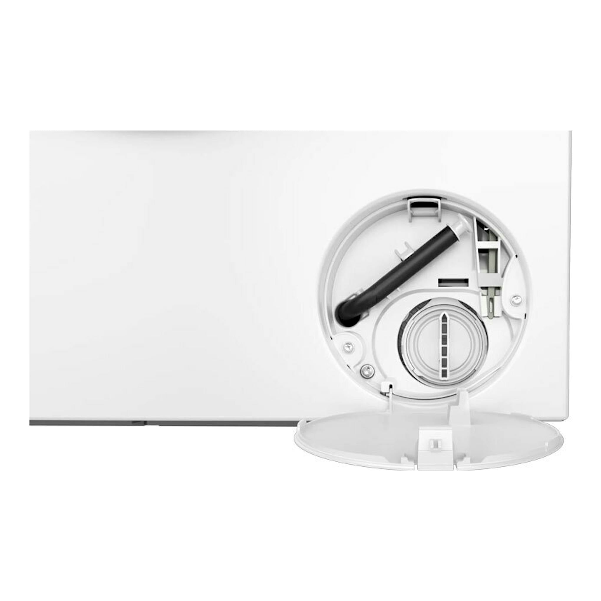 Lavadora Siemens WG44H2A0ES blanca, vista frontal parcial, con tapa del filtro inferior abierta.