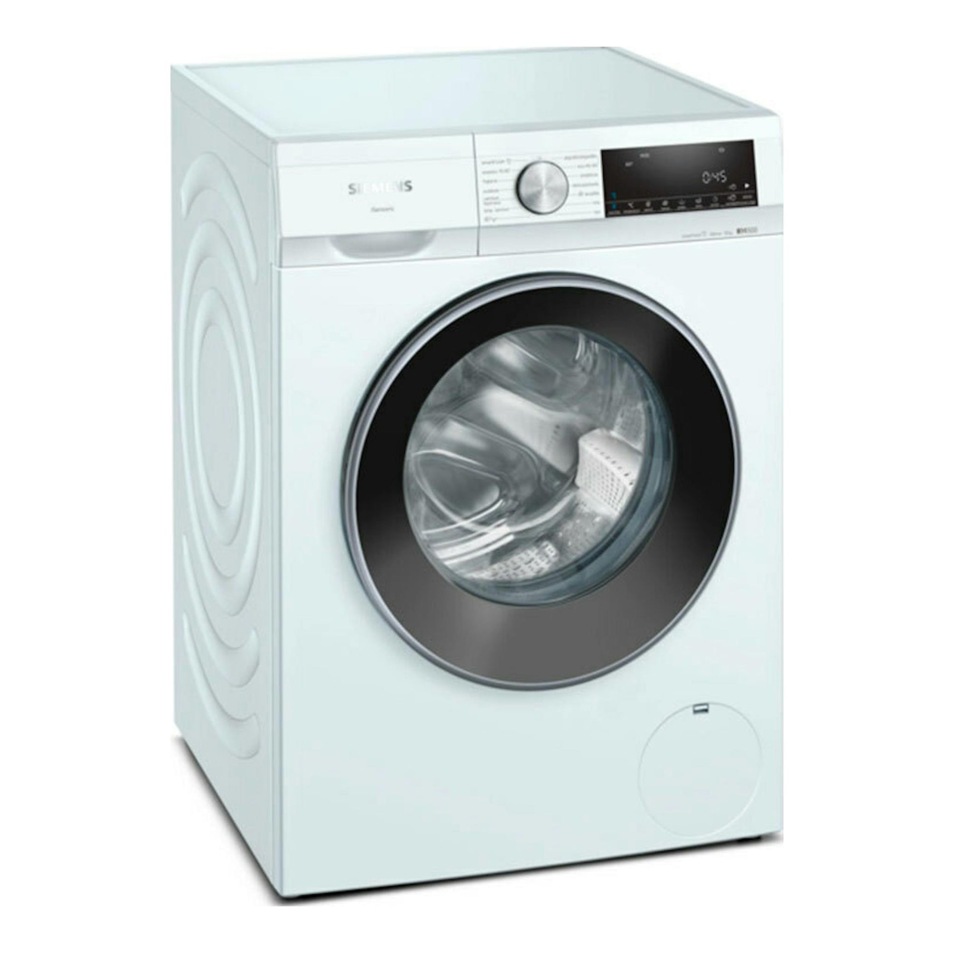 Lavadora Siemens WG54G2Z0ES blanca, vista frontal en ángulo, con puerta circular negra y panel digital.
