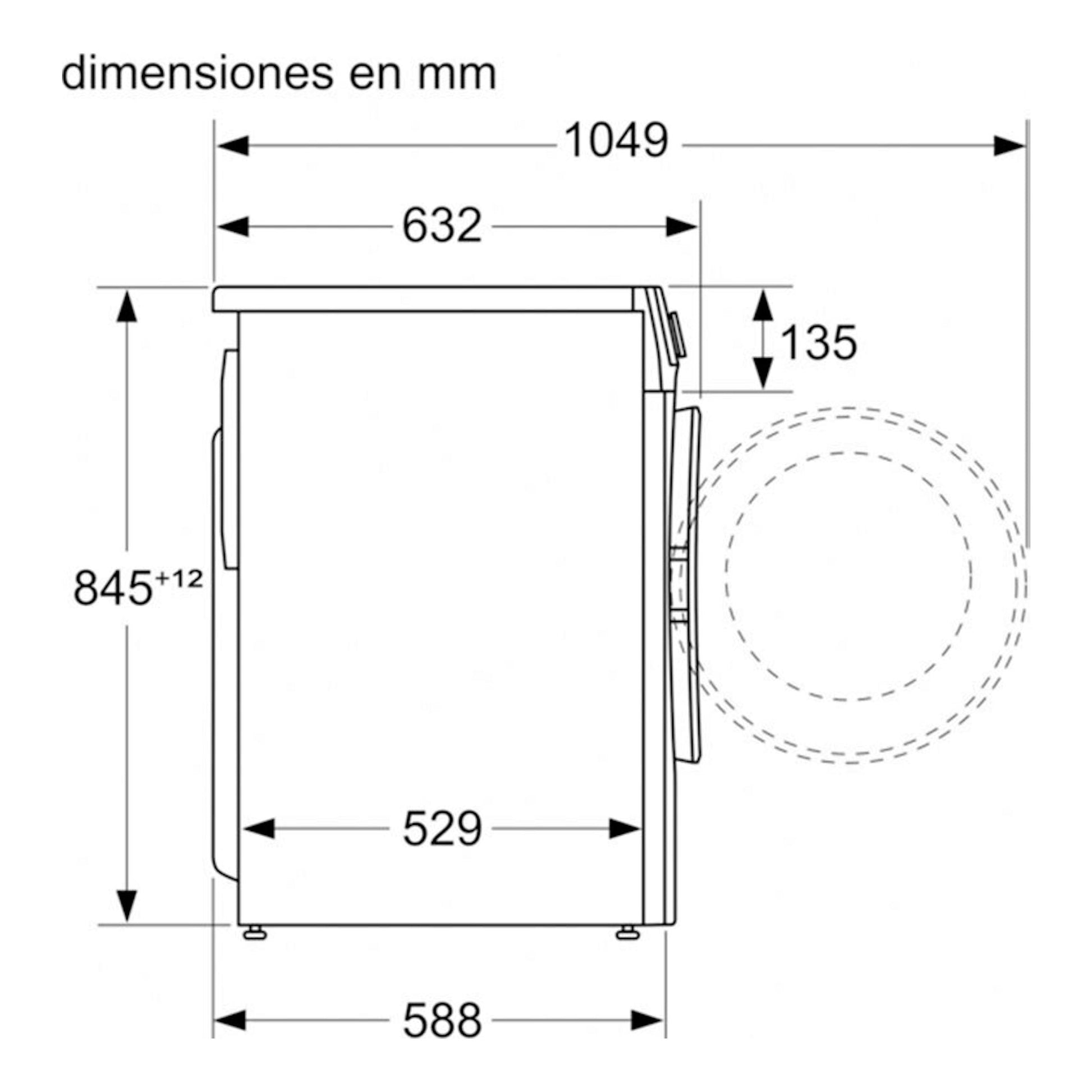 Lavadora Siemens WG54G2Z0ES, vista lateral en esquema técnico con medidas en mm.