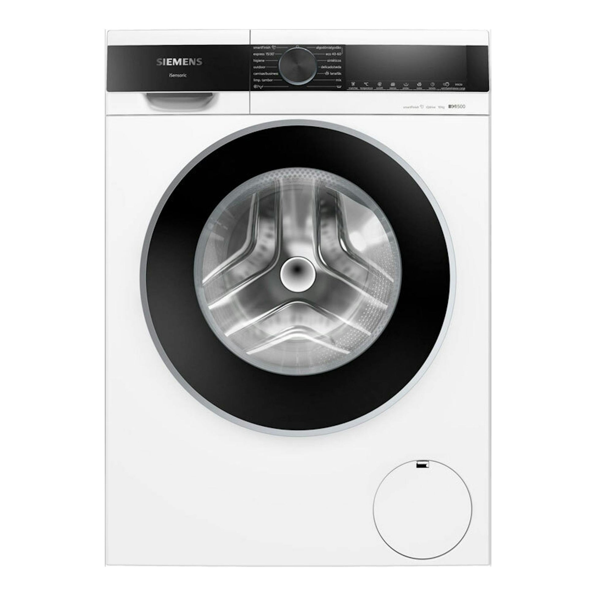 Lavadora Siemens WG56G2Z1ES blanca, vista frontal, con puerta circular negra y panel de control superior.