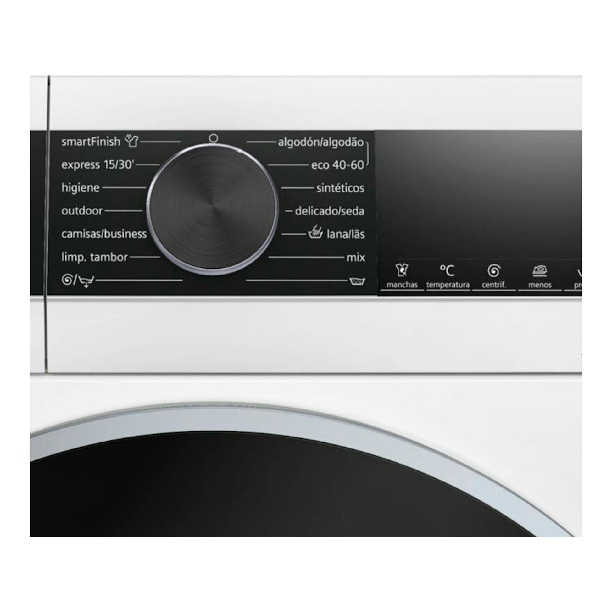 Lavadora Siemens WG56G2Z1ES blanca, vista frontal parcial del panel negro con selector y programas.