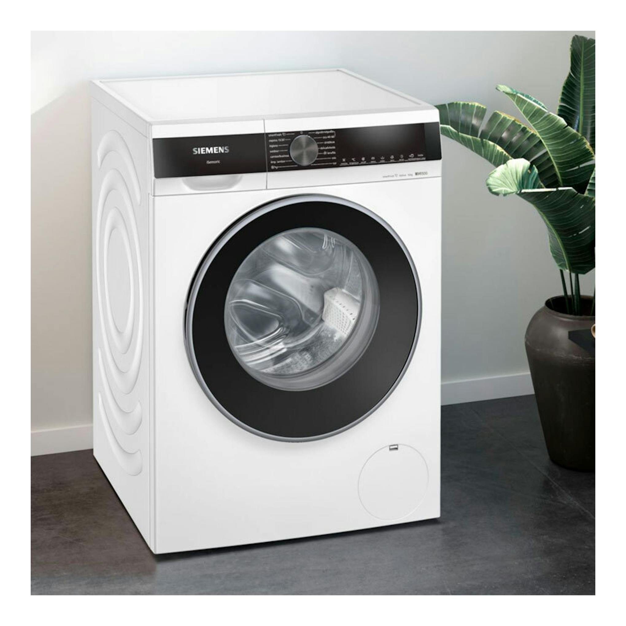 Lavadora Siemens WG56G2Z1ES blanca, vista frontal, con puerta circular negra.