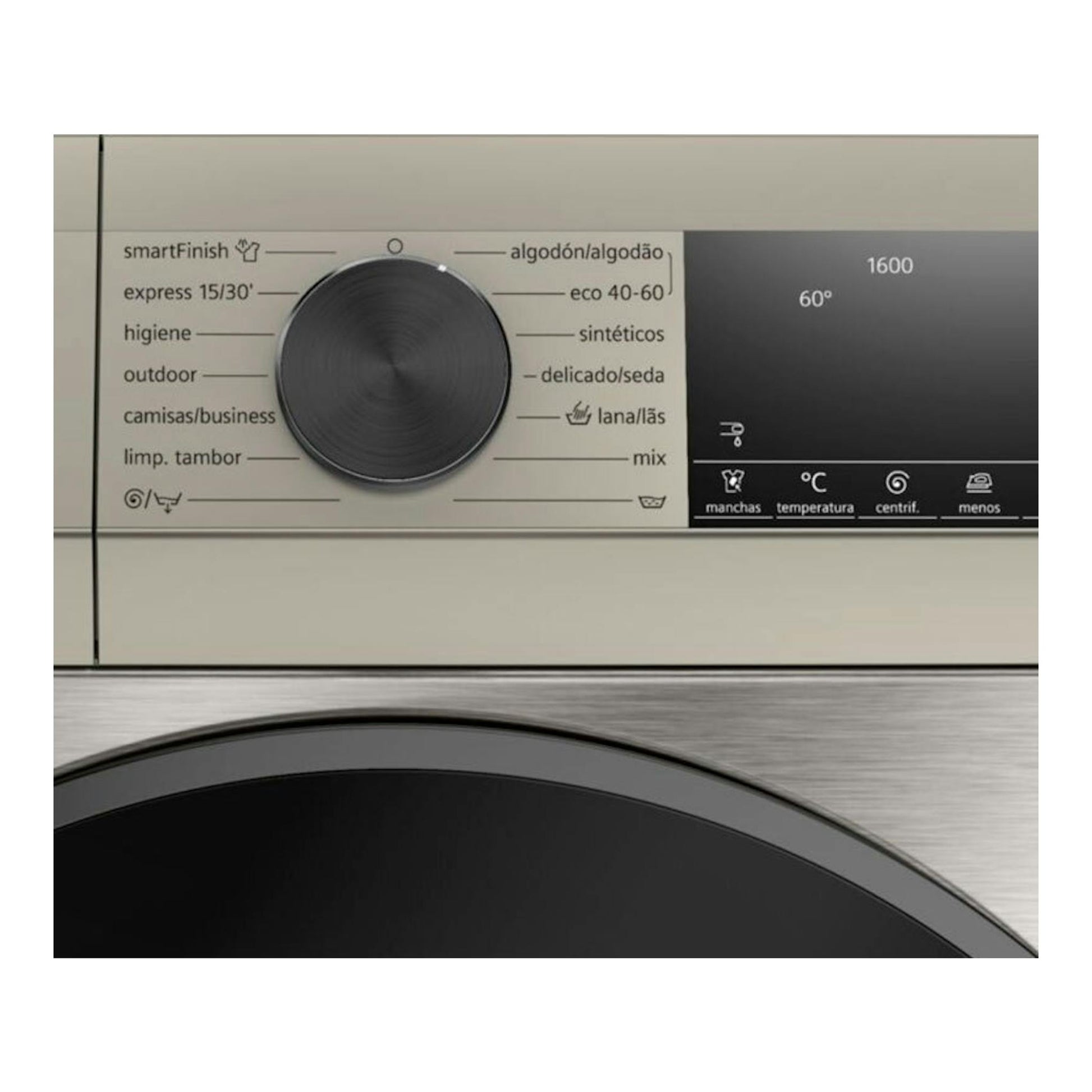 Lavadora Siemens WG56G2ZAES, panel frontal beige con selector negro y pantalla digital negra.