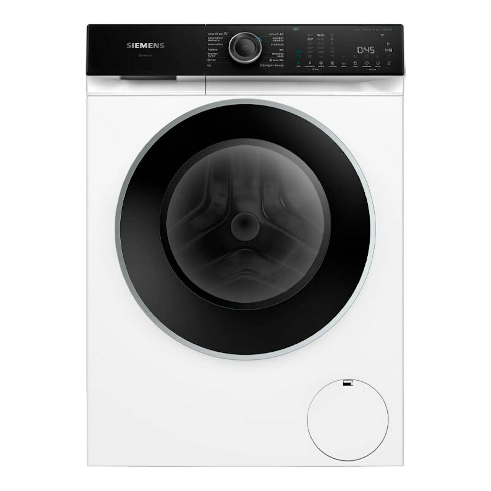 Lavadora frontal Siemens WG56H2A0ES blanca, vista frontal, con puerta negra circular y panel de control superior.