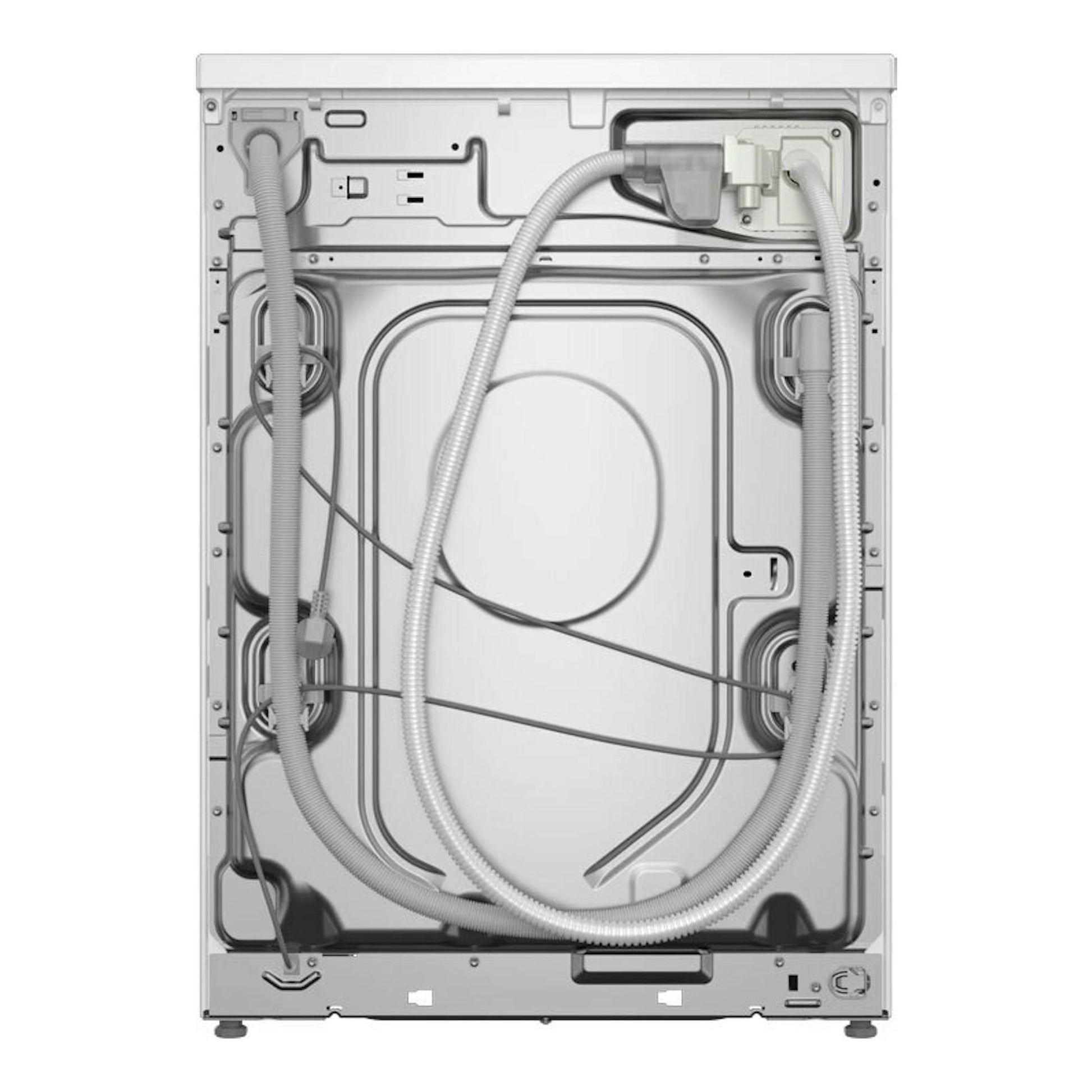Lavadora Siemens WG56H2A0ES blanca, vista trasera, con mangueras y cableado visibles.