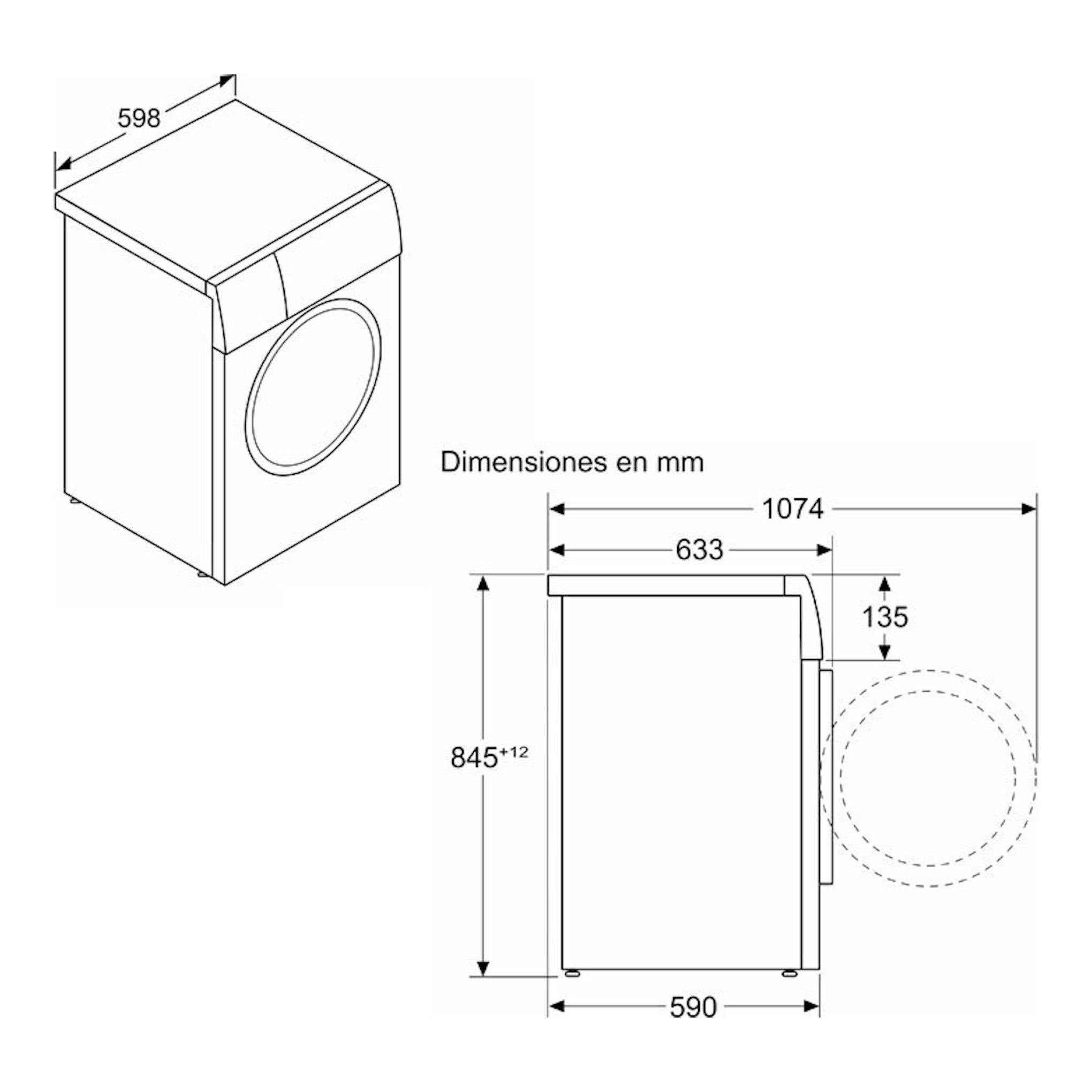 Lavadora Siemens WG56H2A0ES, dibujo técnico en blanco y negro, vista isométrica y lateral con medidas en mm.
