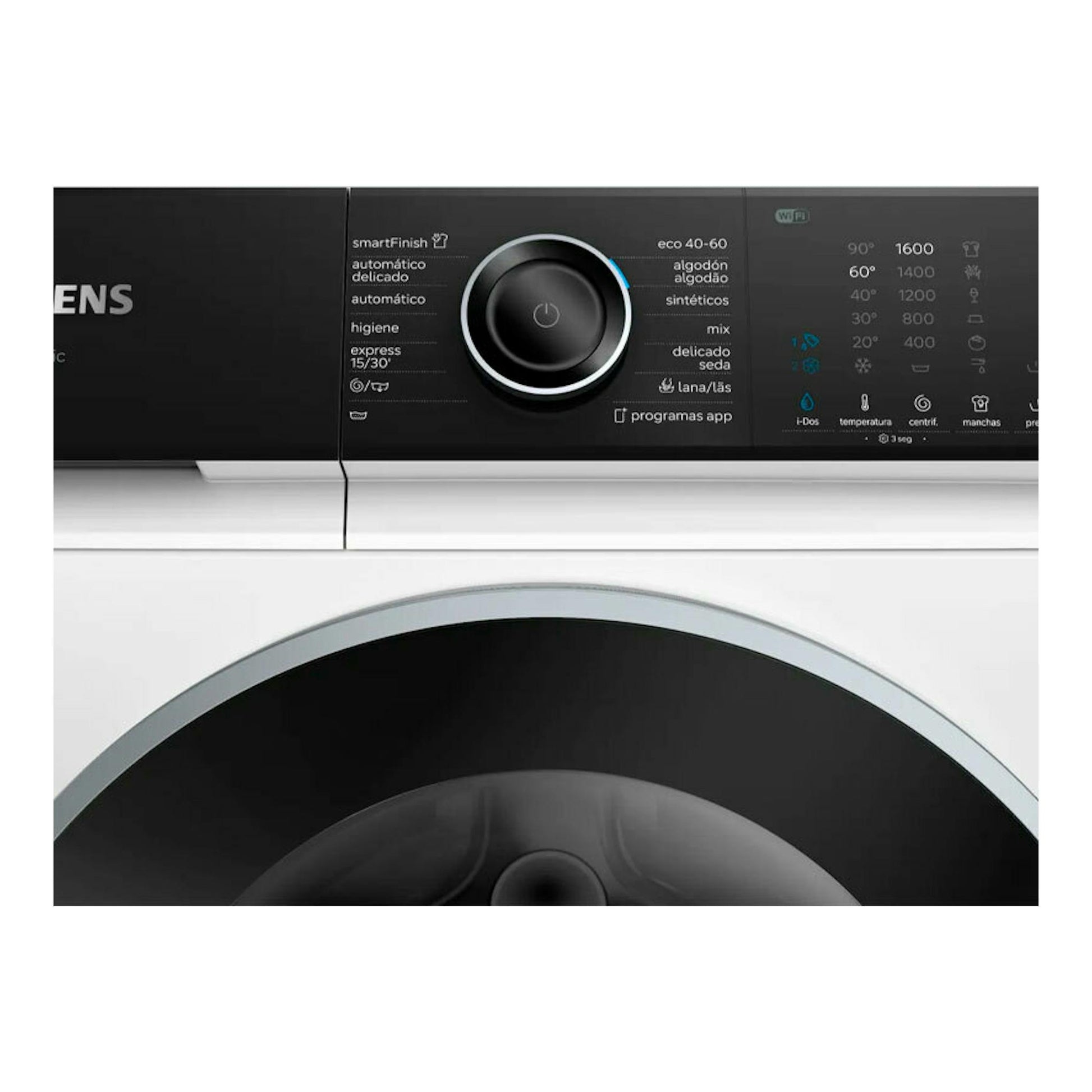 Lavadora Siemens WG56H2A0ES, vista frontal parcial, blanca con panel negro y selector central.