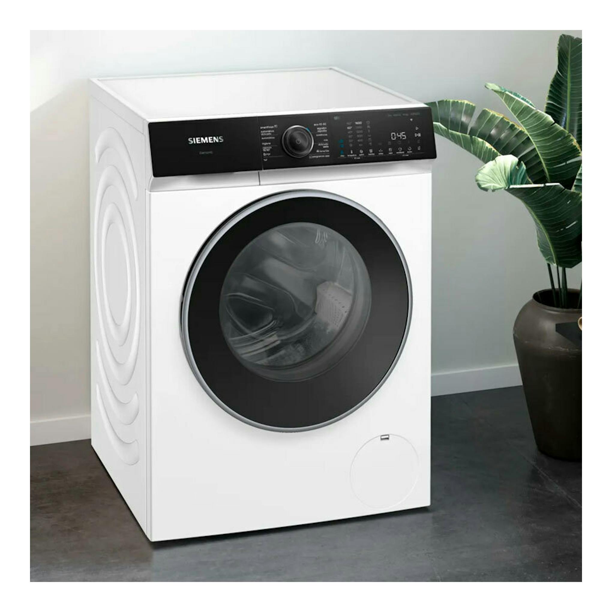 Lavadora Siemens de carga frontal, blanca, vista en tres cuartos, con puerta negra y panel superior digital.